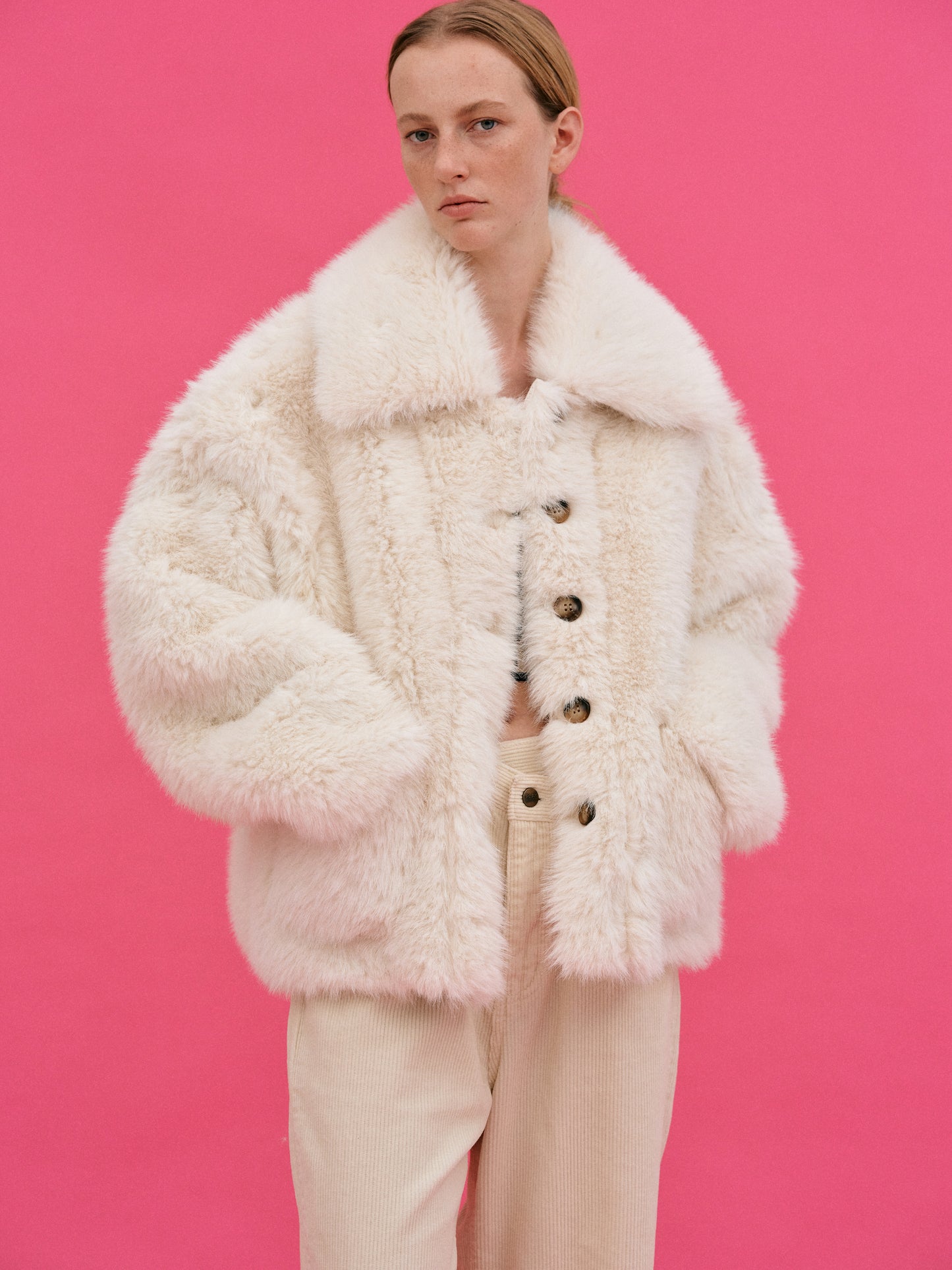 Lapels Faux Fur Coat, Cream