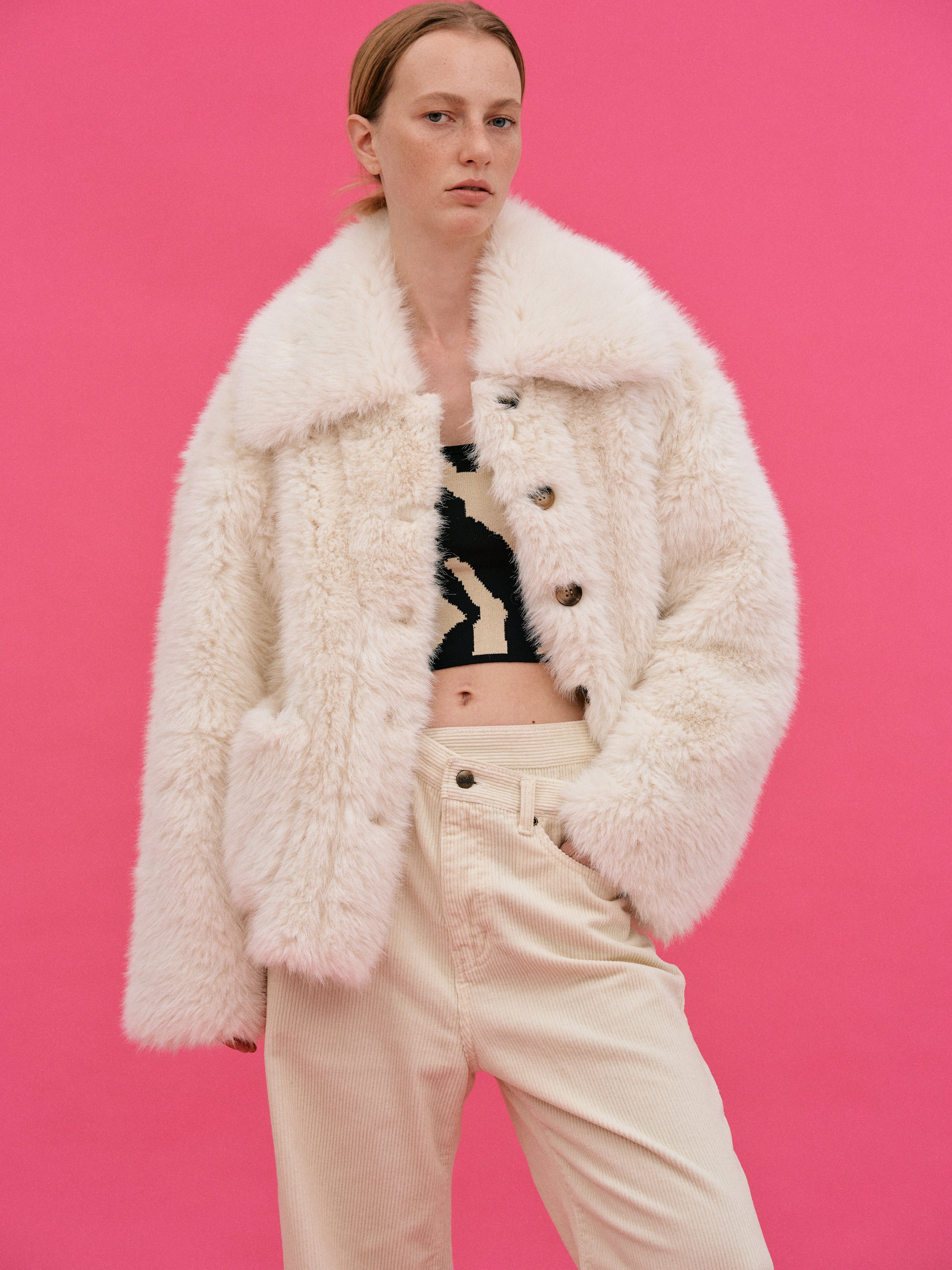 Lapels Faux Fur Coat, Cream