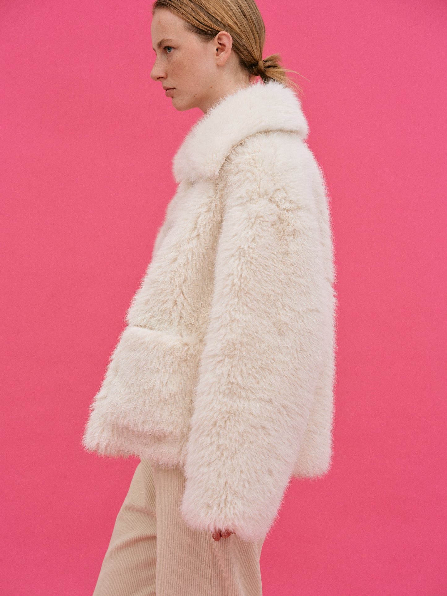 Lapels Faux Fur Coat, Cream