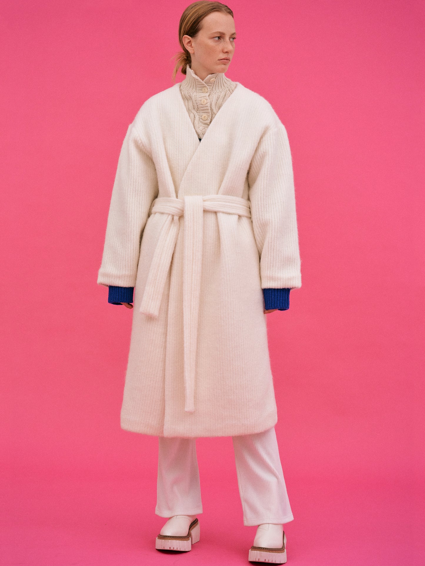 Collarless Robe Coat, Milk