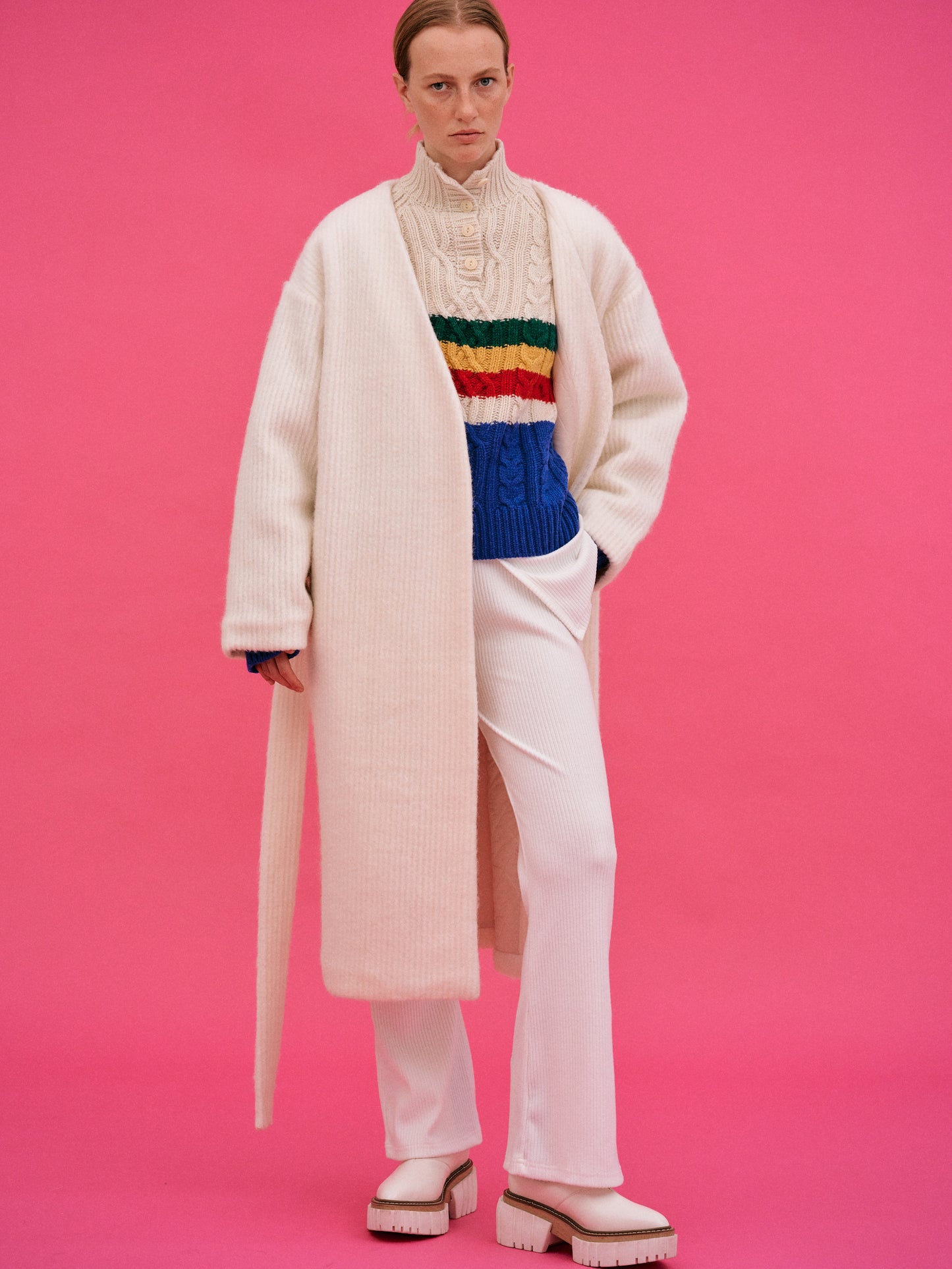 Collarless Robe Coat, Milk