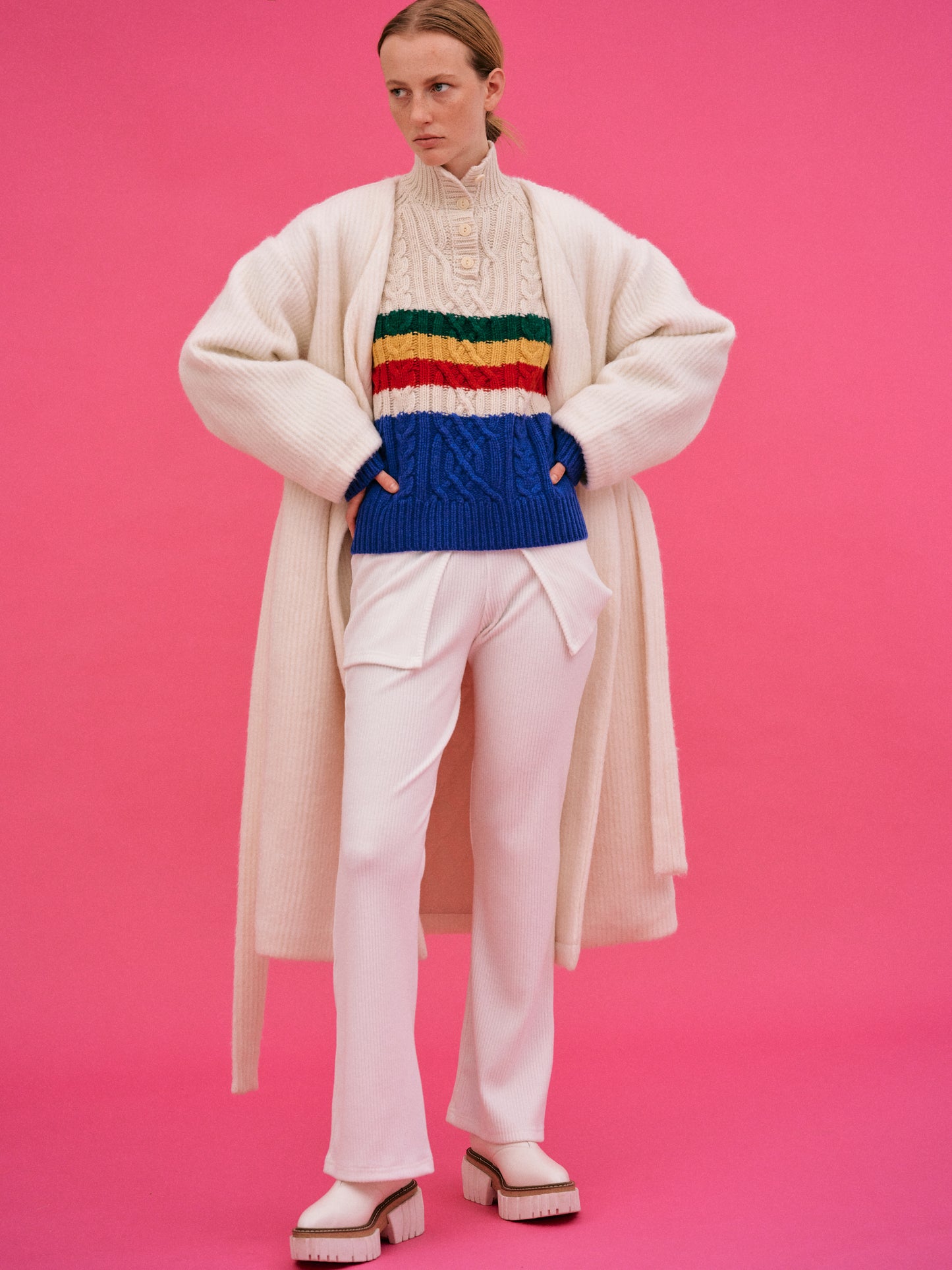 Collarless Robe Coat, Milk