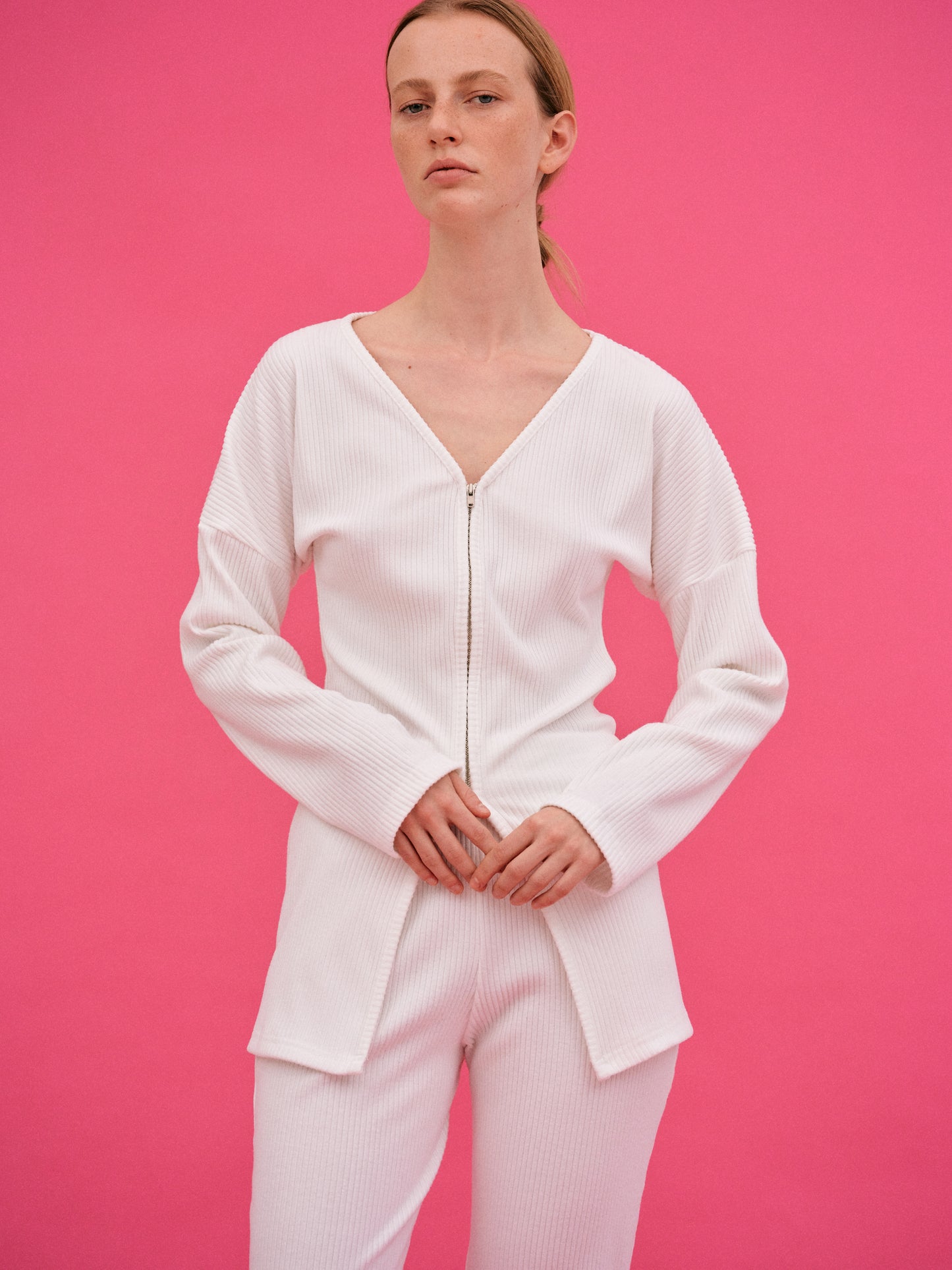 Quarter Zip Up Rib Top, True White