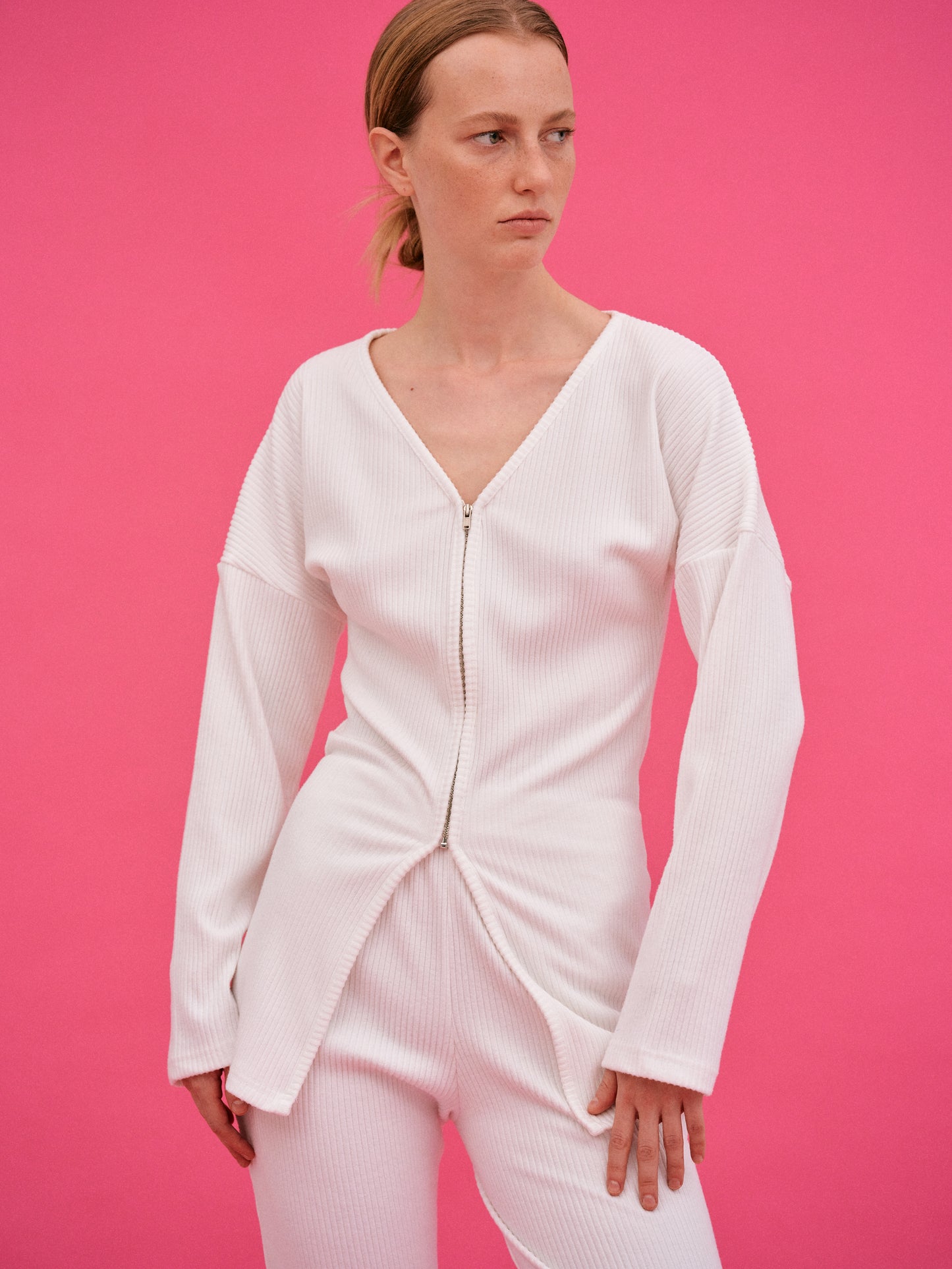 Quarter Zip Up Rib Top, True White