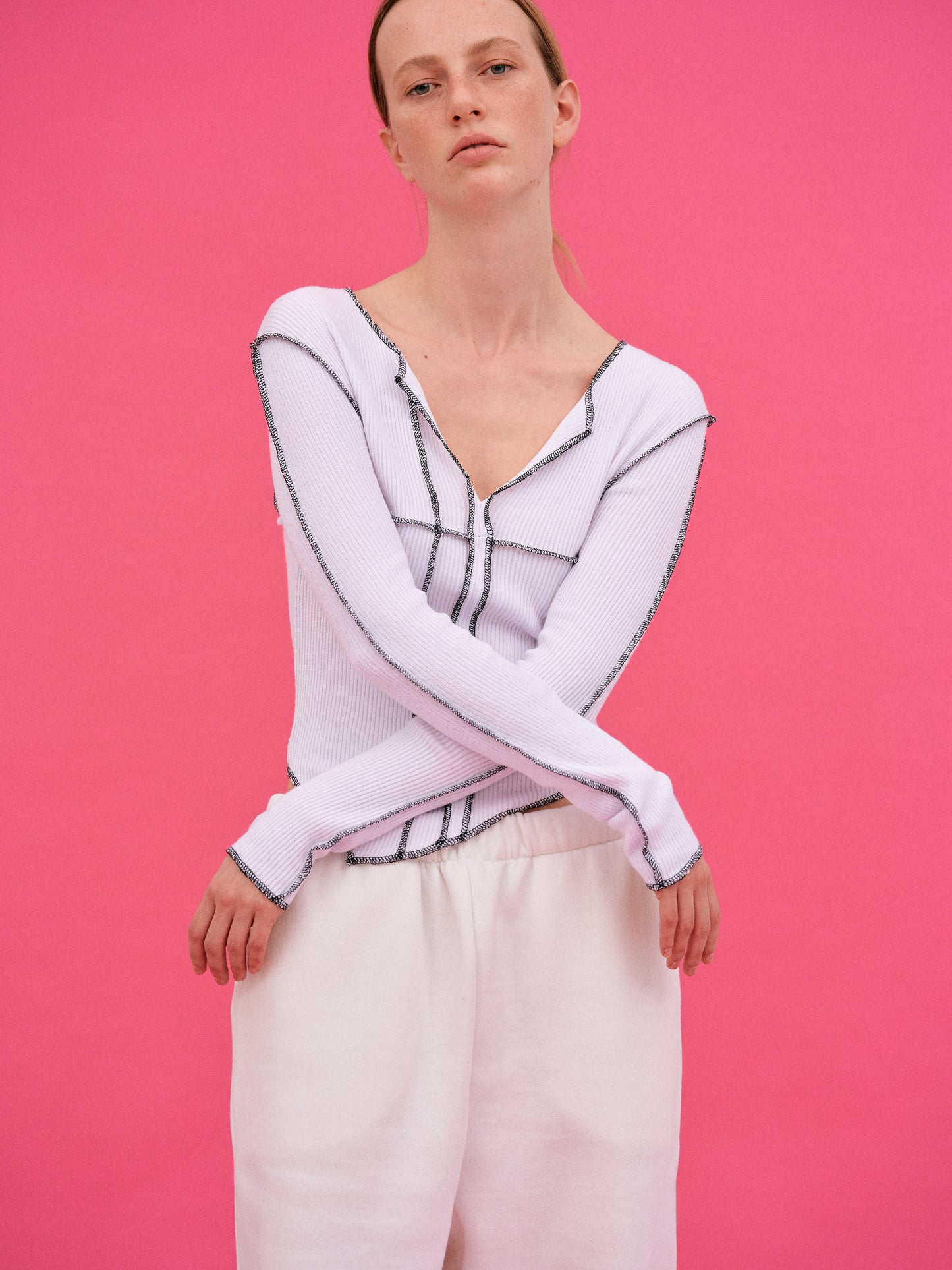 Diagonal Stitching Top, White