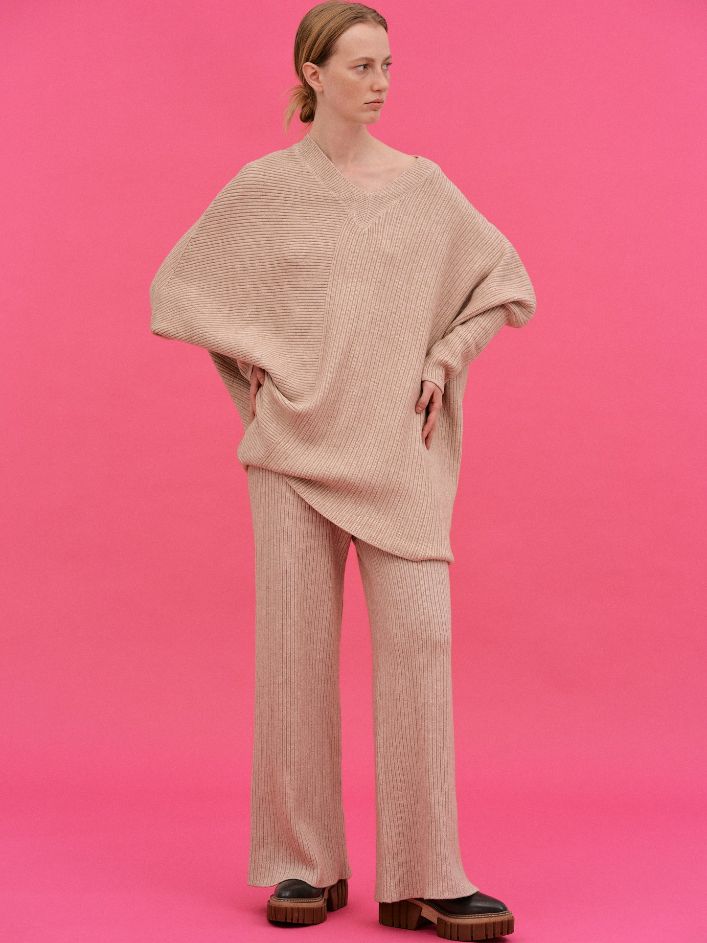 Asymmetric Rib Lounge Knit Set, Wheat