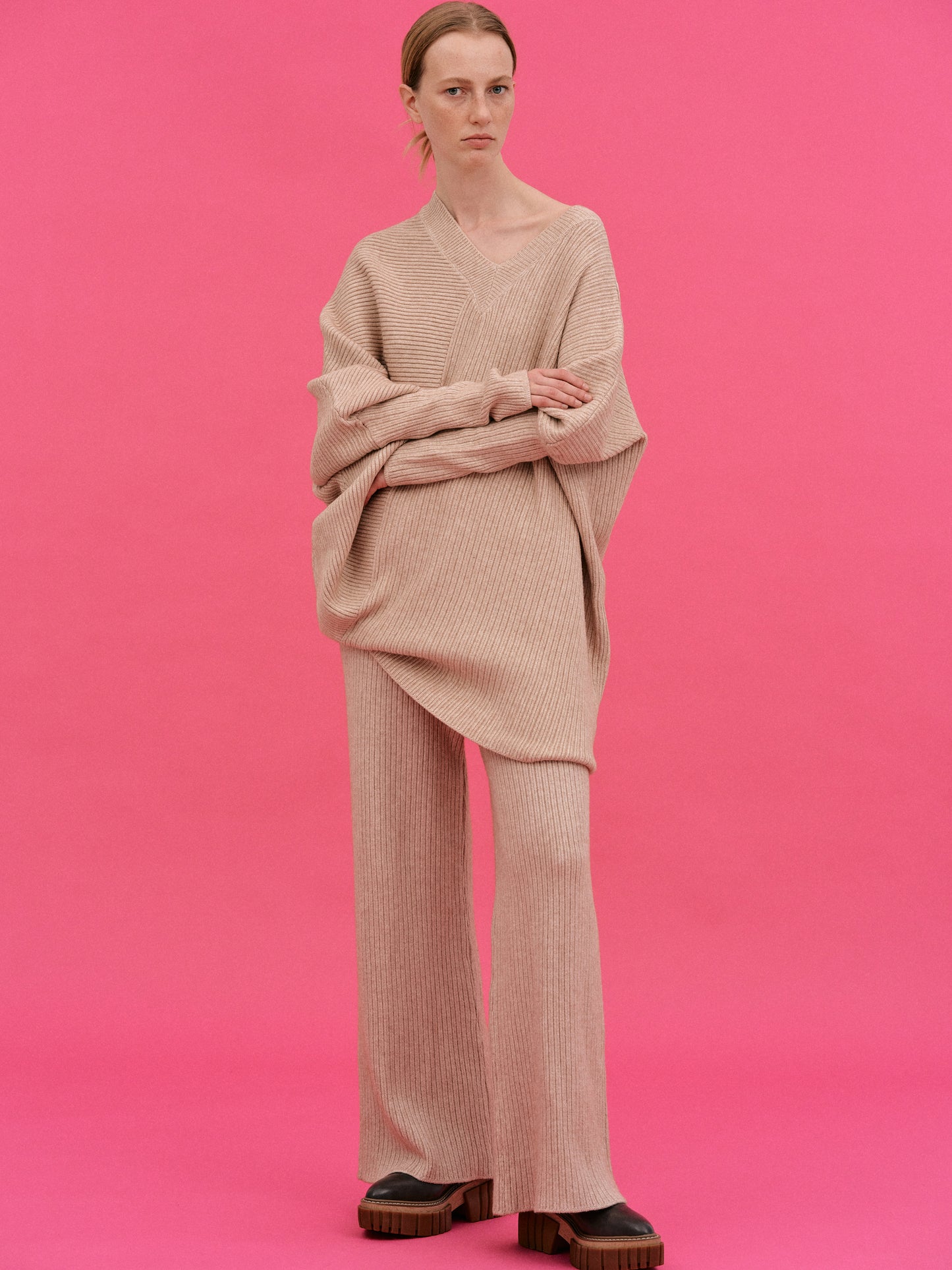 Asymmetric Rib Lounge Knit Set, Wheat