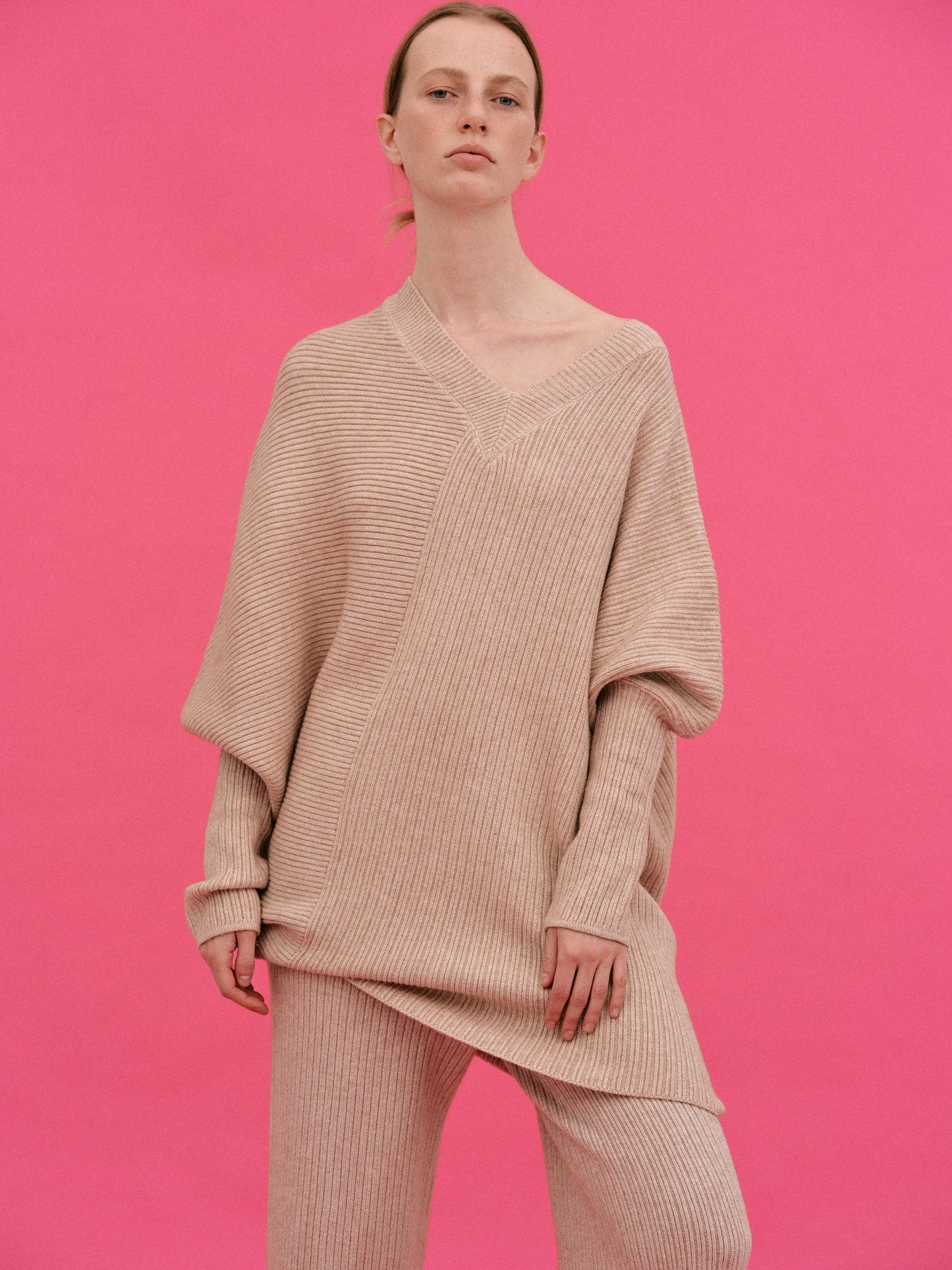 Asymmetric Rib Lounge Knit Set, Wheat