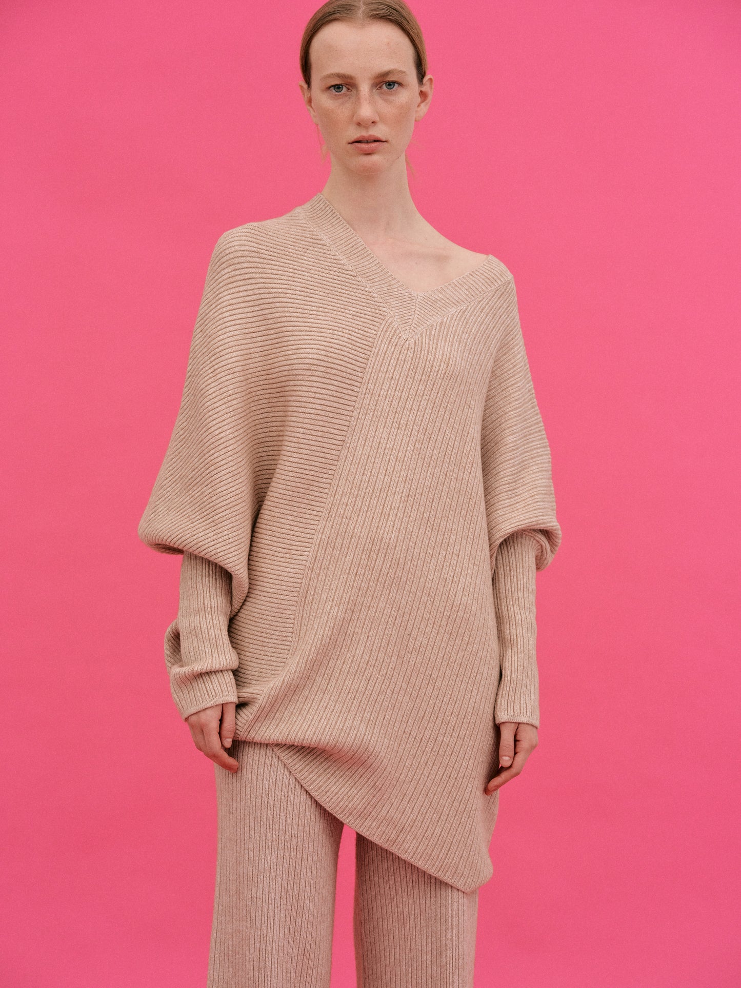 Asymmetric Rib Lounge Knit Set, Wheat