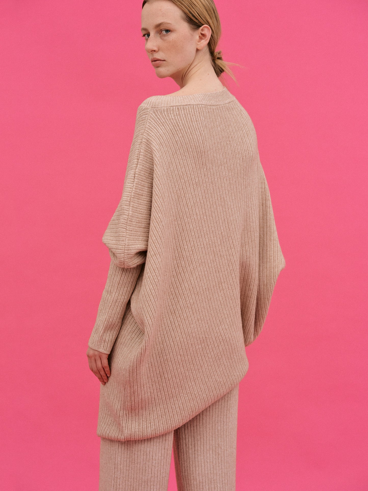 Asymmetric Rib Lounge Knit Set, Wheat