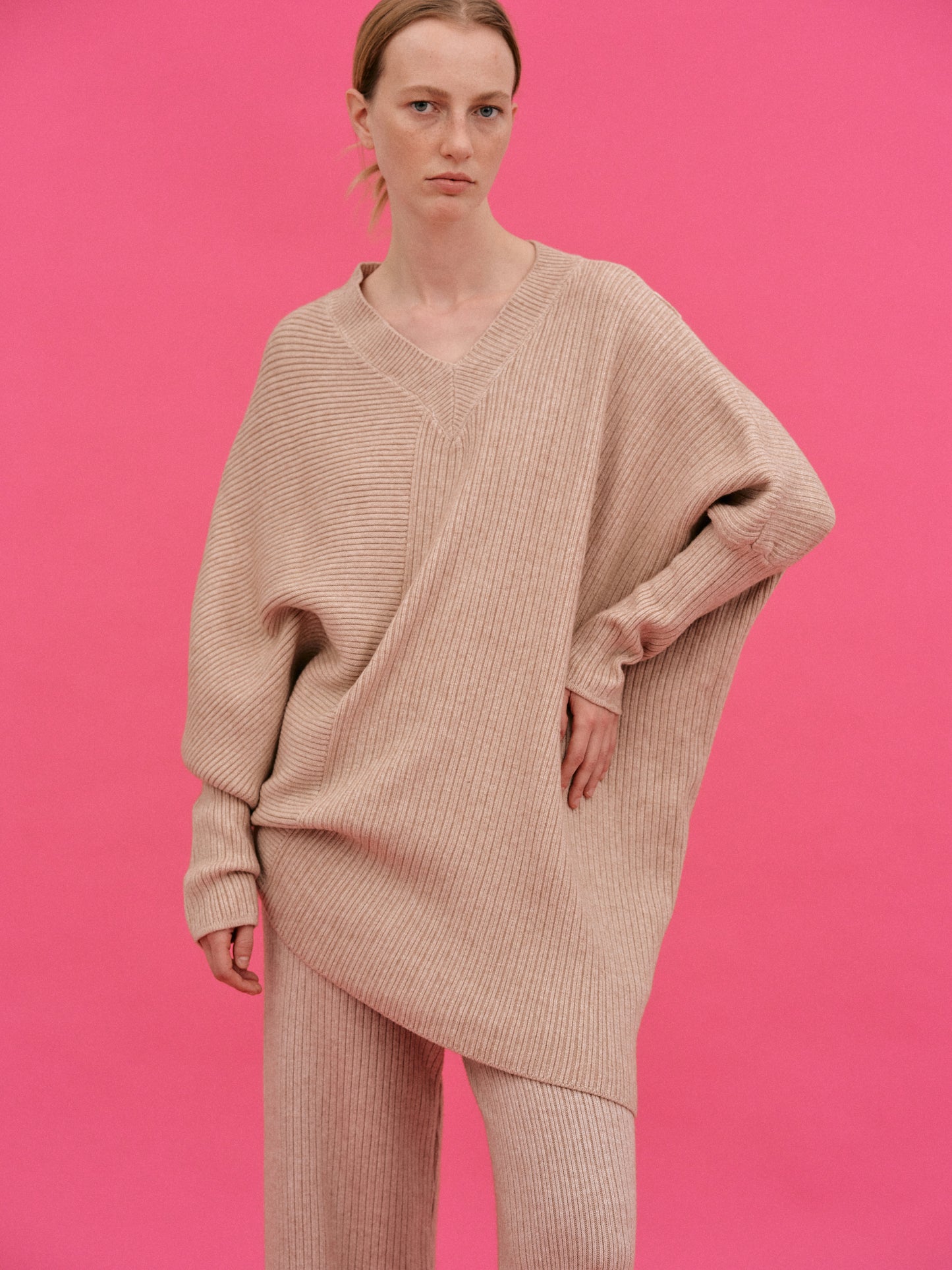 Asymmetric Rib Lounge Knit Set, Wheat