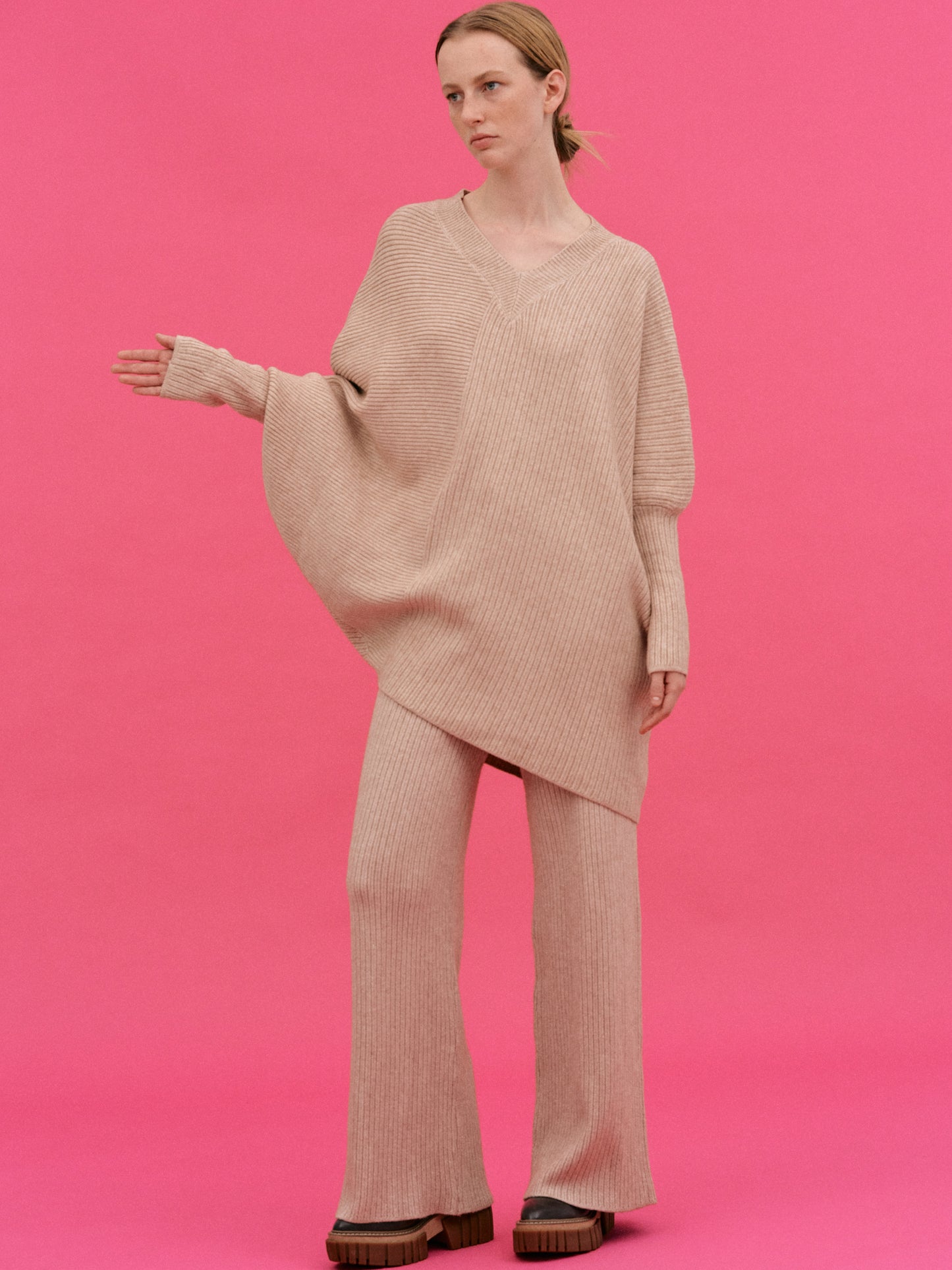 Asymmetric Rib Lounge Knit Set, Wheat