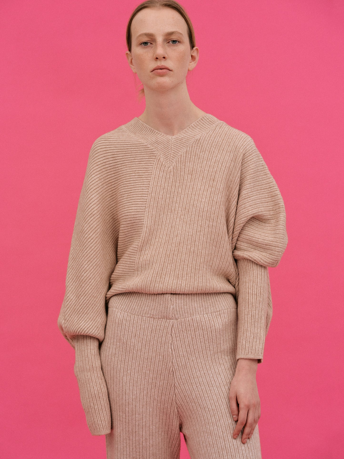 Asymmetric Rib Lounge Knit Set, Wheat