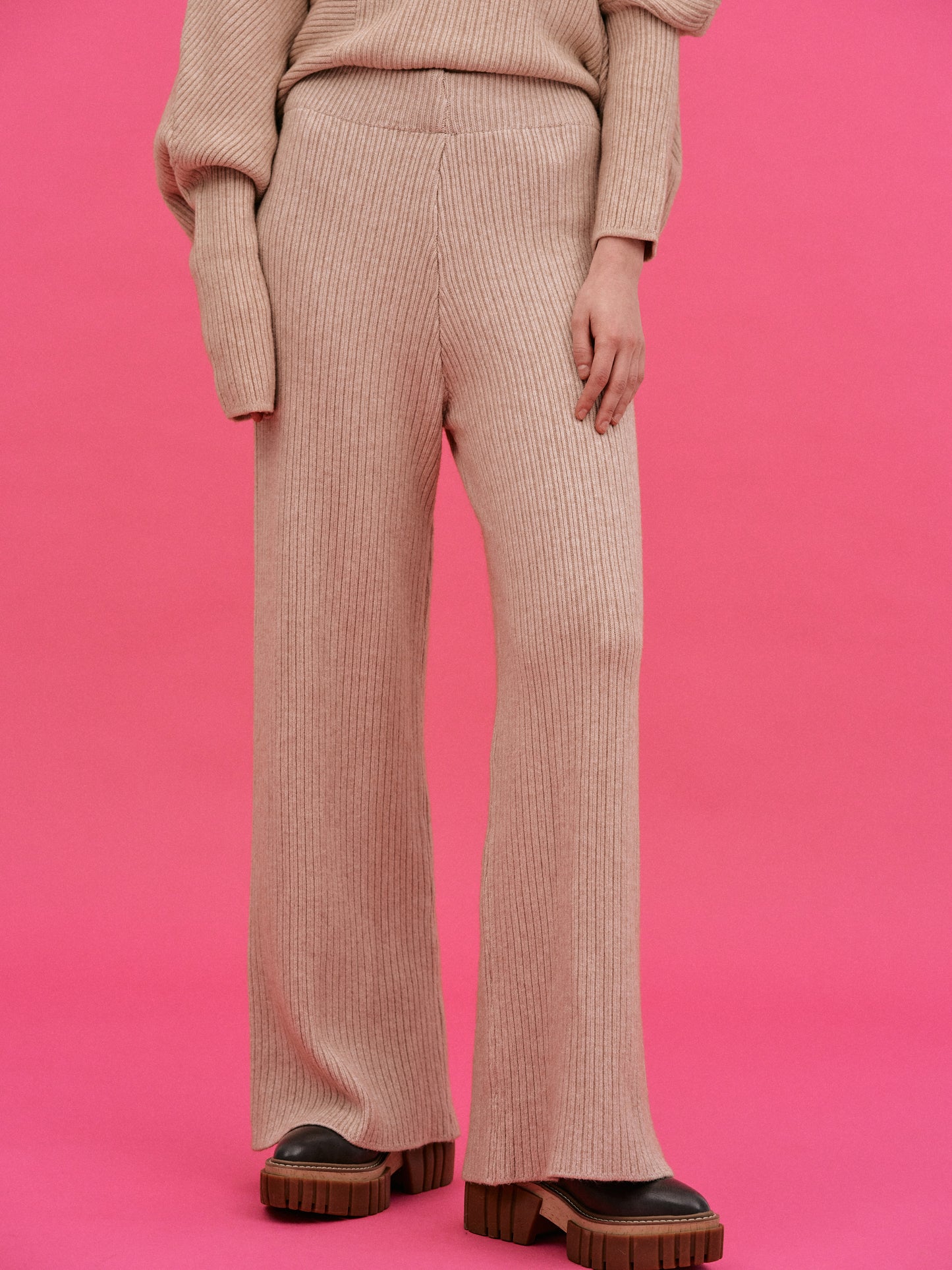 Asymmetric Rib Lounge Knit Set, Wheat
