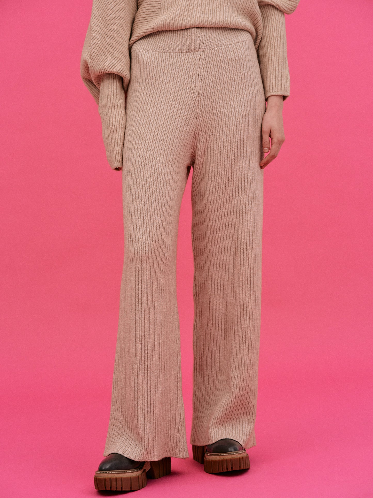 Asymmetric Rib Lounge Knit Set, Wheat