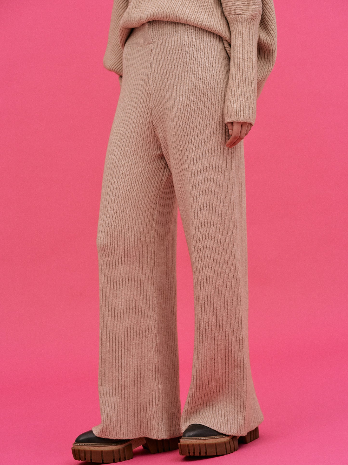 Asymmetric Rib Lounge Knit Set, Wheat