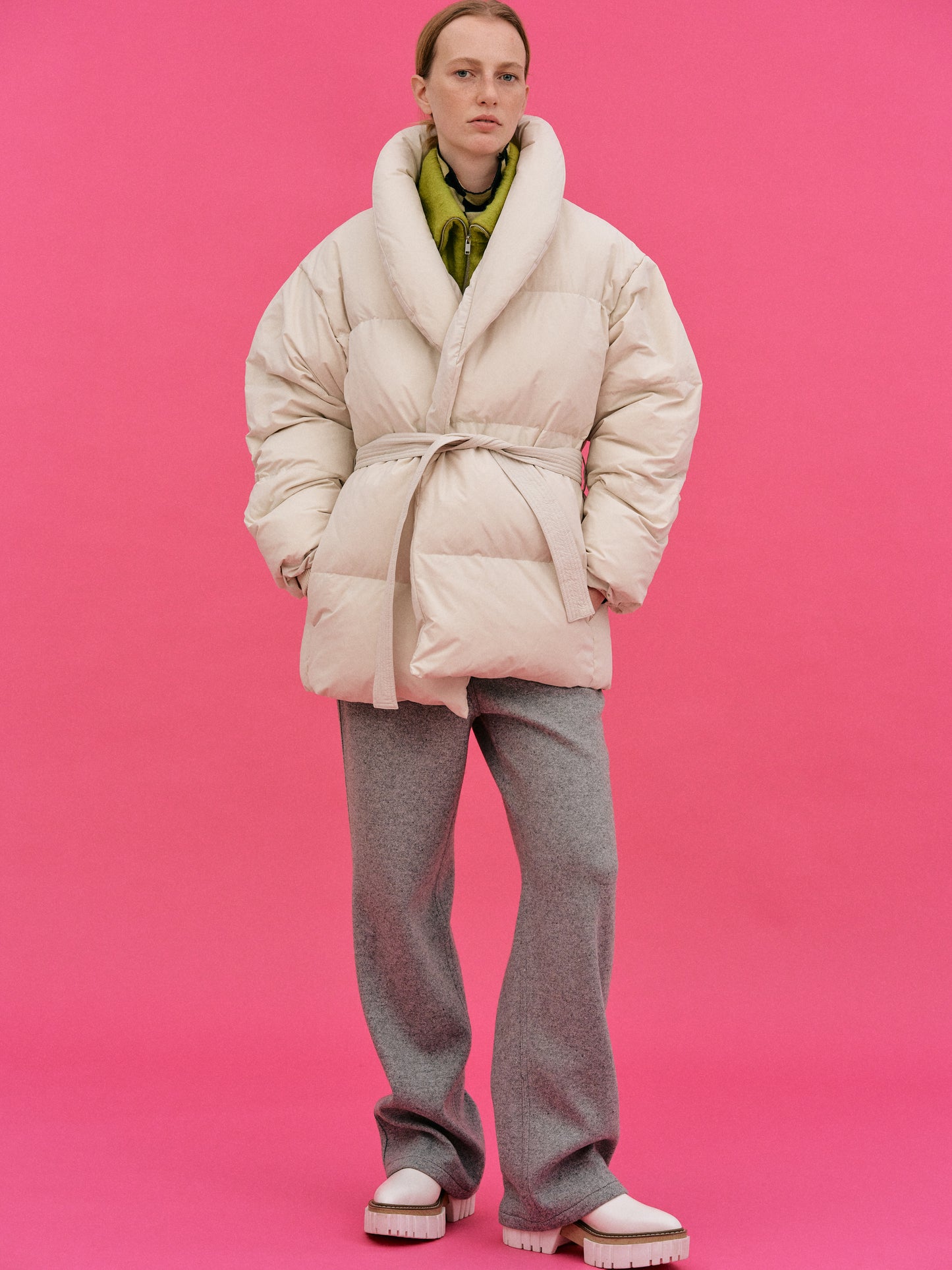 Shawl Collar Down Puffer Jacket, Rice