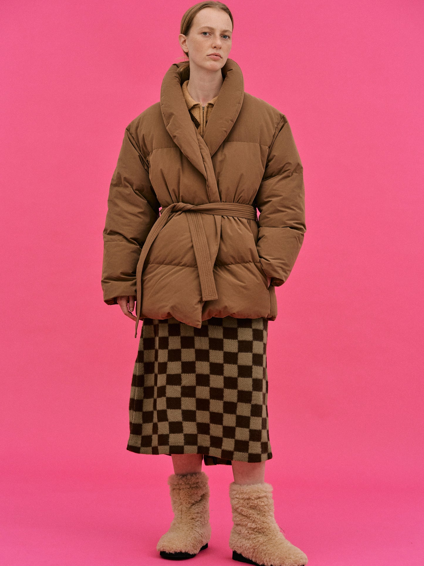 Shawl Collar Down Puffer Jacket, Brown Sugar