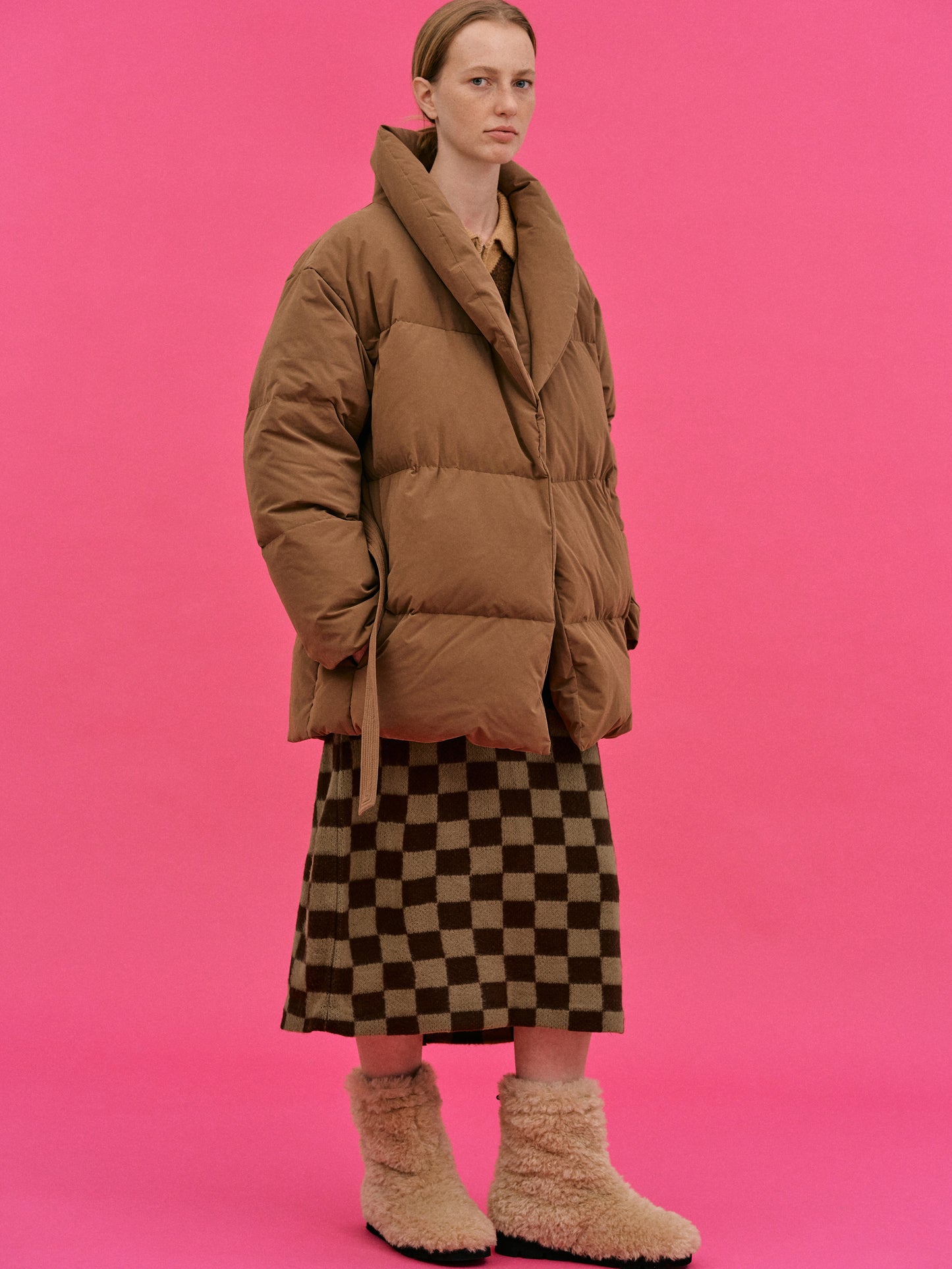 Shawl Collar Down Puffer Jacket, Brown Sugar