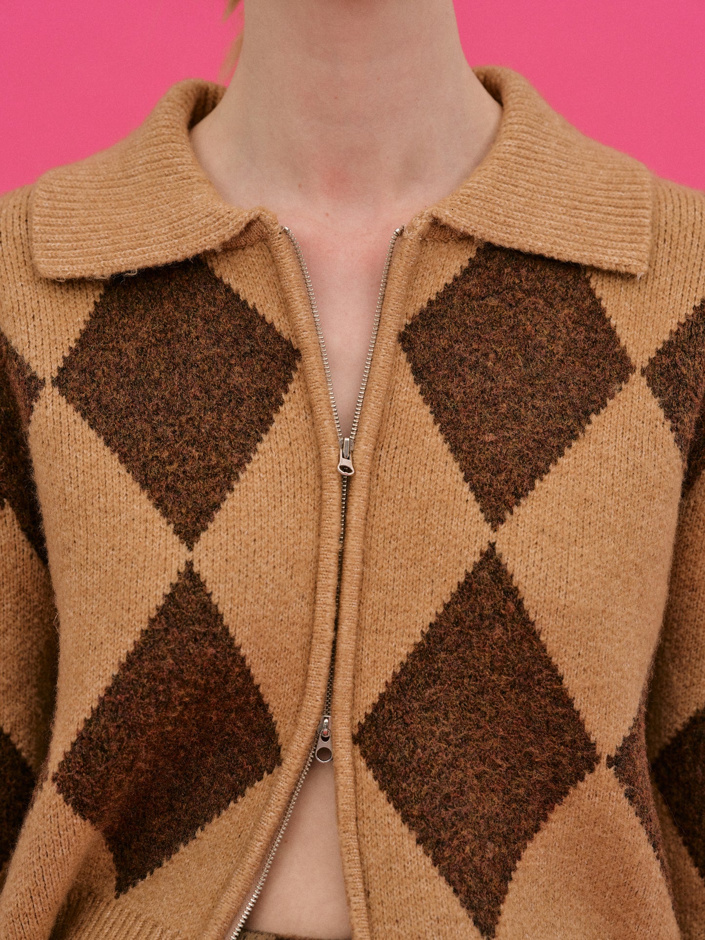 Double Zip Up Argyle Cardigan, Caramel