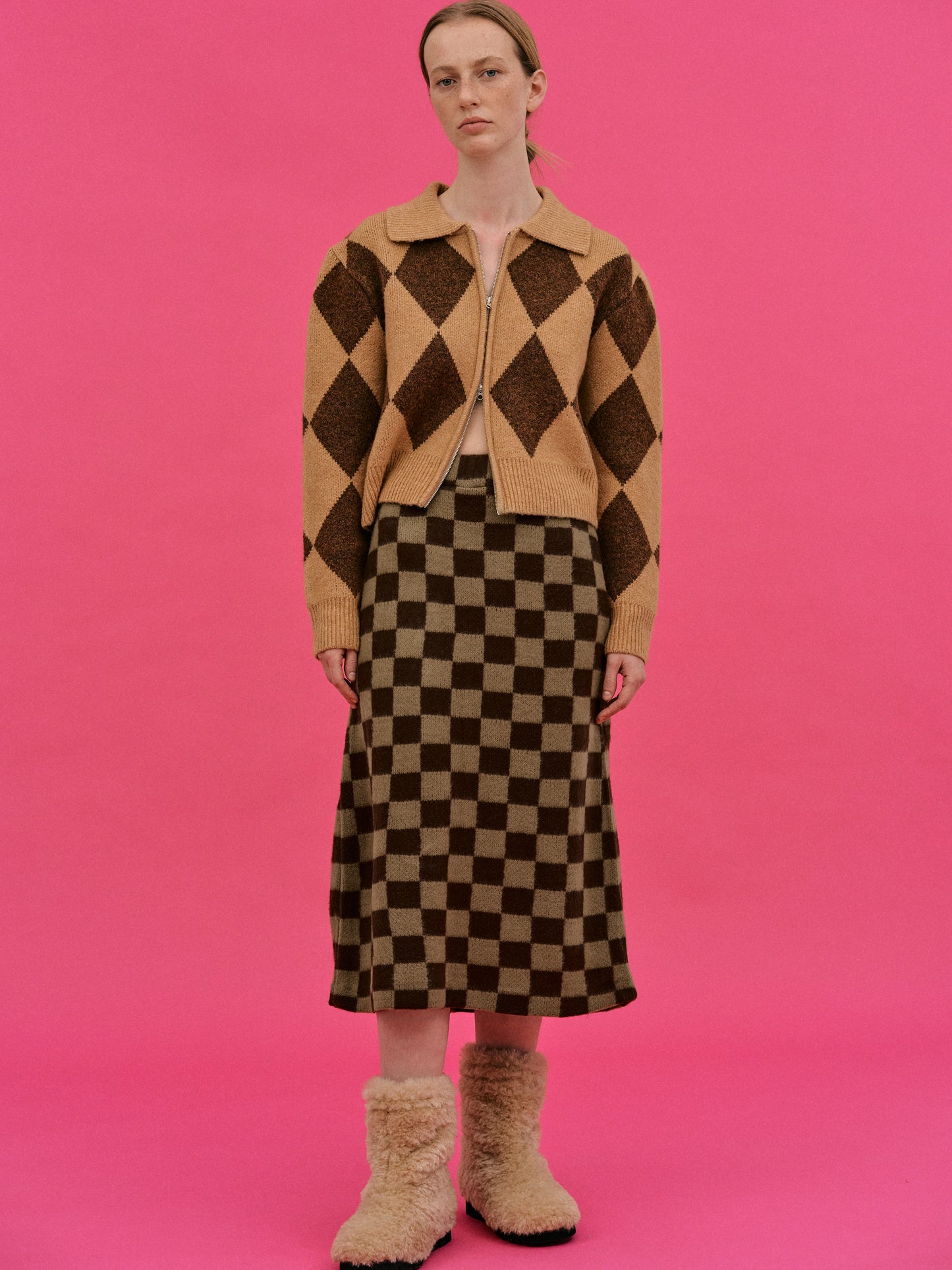 Double Zip Up Argyle Cardigan, Caramel