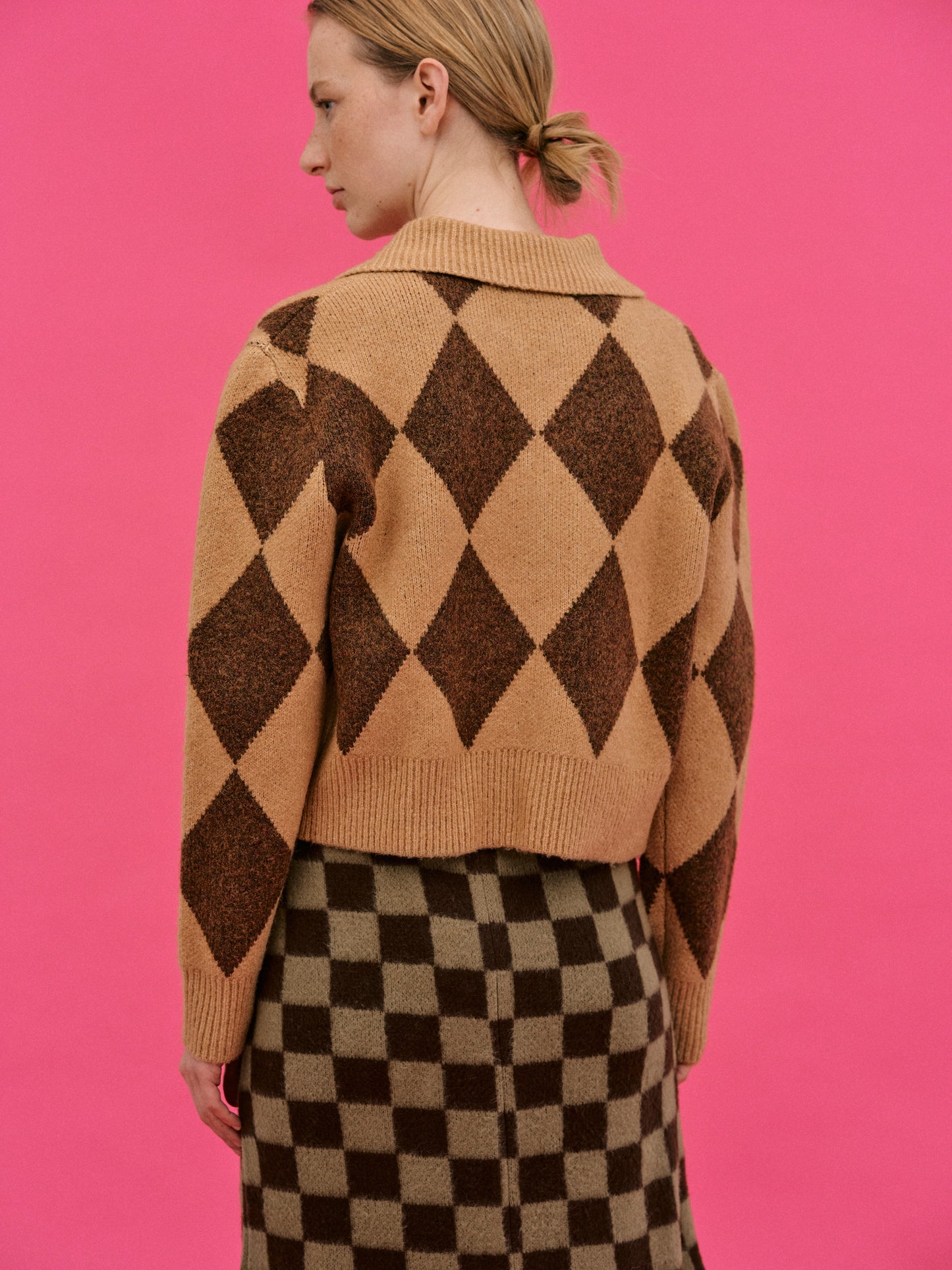 Double Zip Up Argyle Cardigan, Caramel