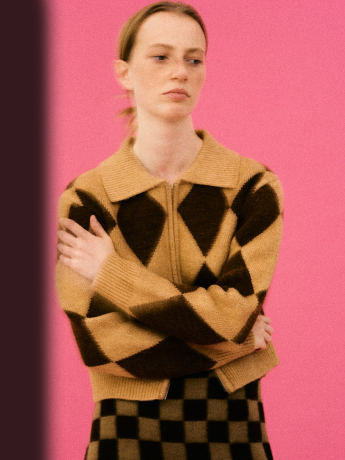 Double Zip Up Argyle Cardigan, Caramel