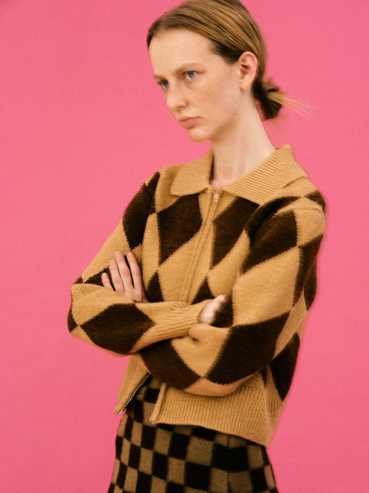 Double Zip Up Argyle Cardigan, Caramel