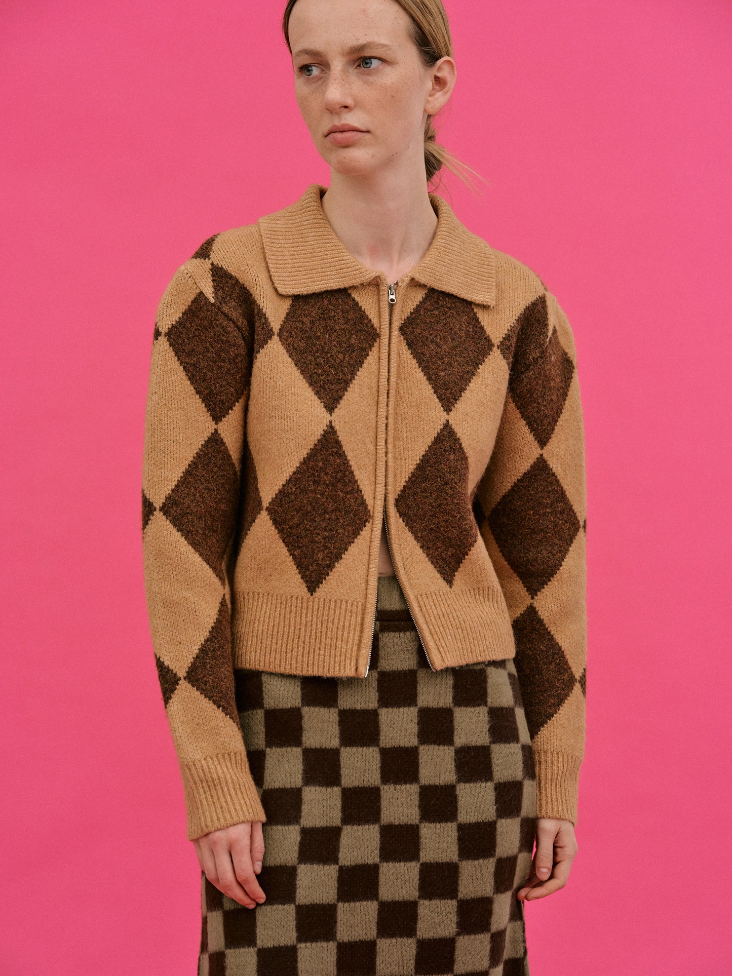 Double Zip Up Argyle Cardigan, Caramel