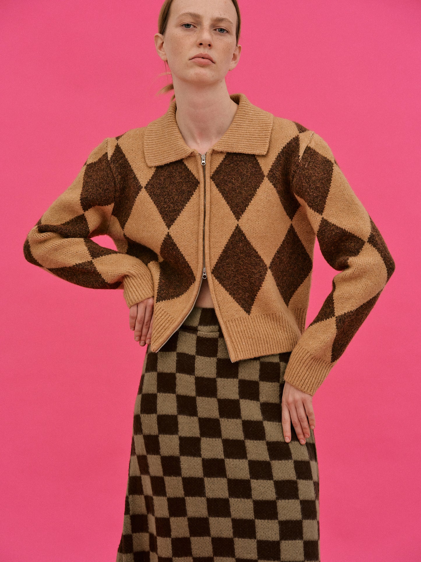 Double Zip Up Argyle Cardigan, Caramel