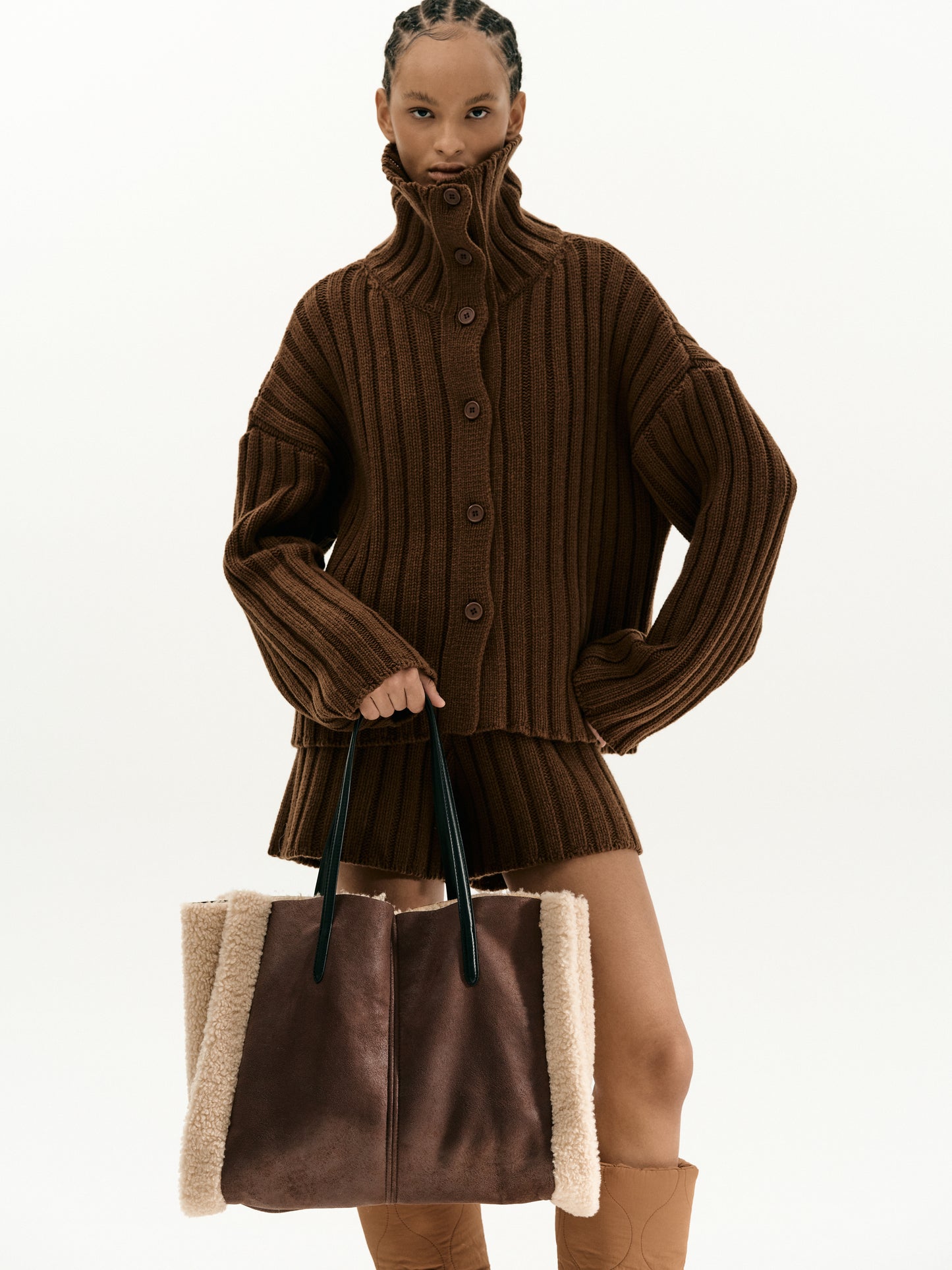 Faux-Shearling Tote Bag, Dark Brown
