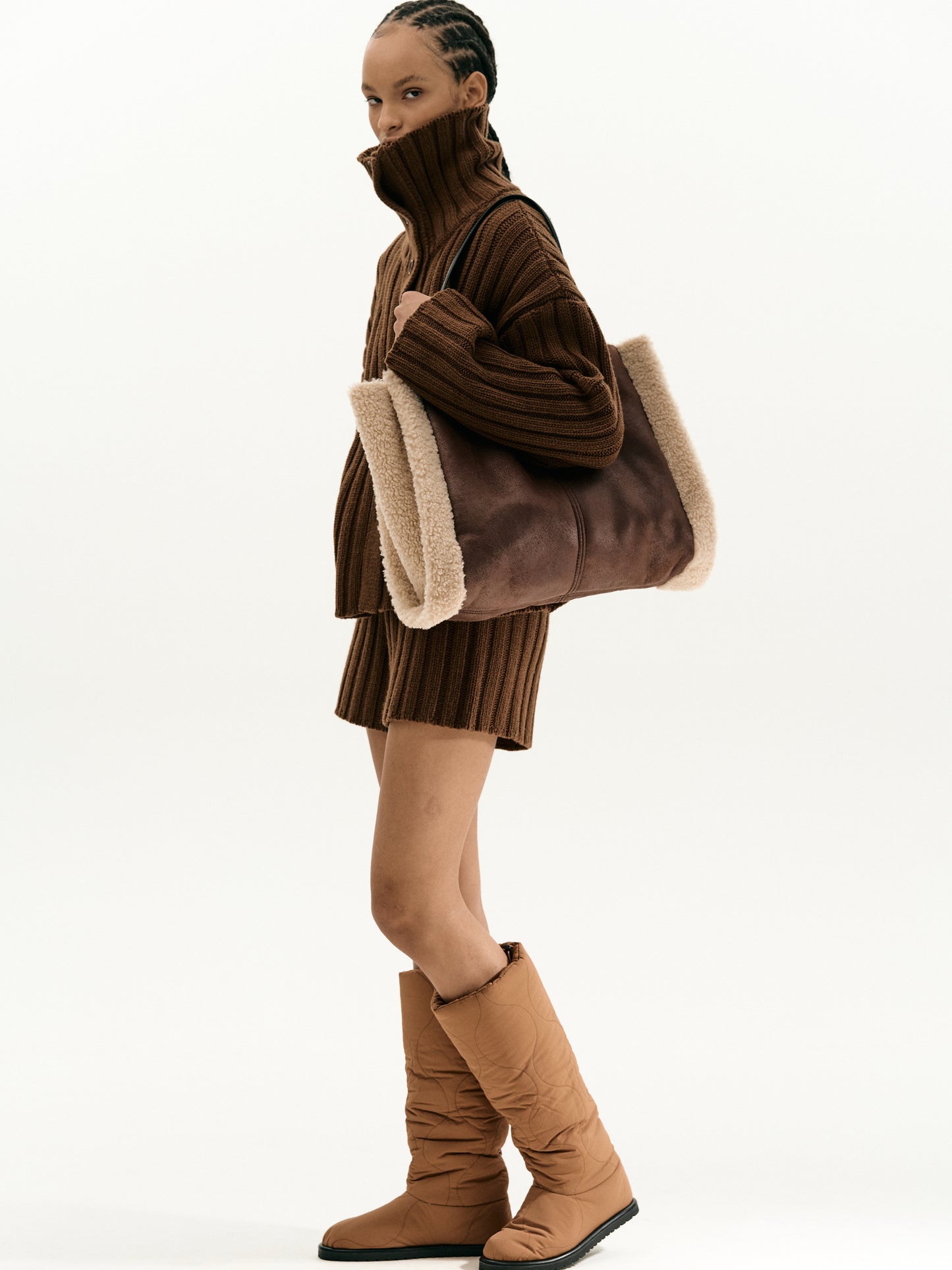 Faux-Shearling Tote Bag, Dark Brown