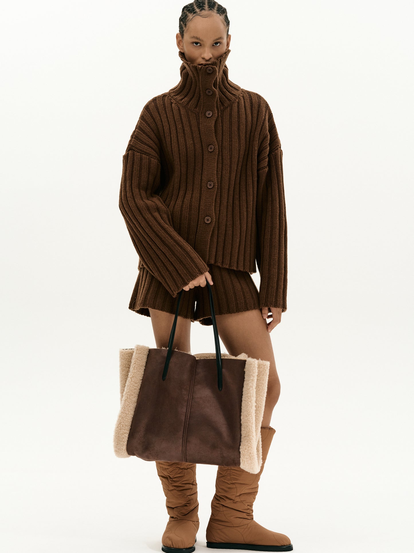 Faux-Shearling Tote Bag, Dark Brown
