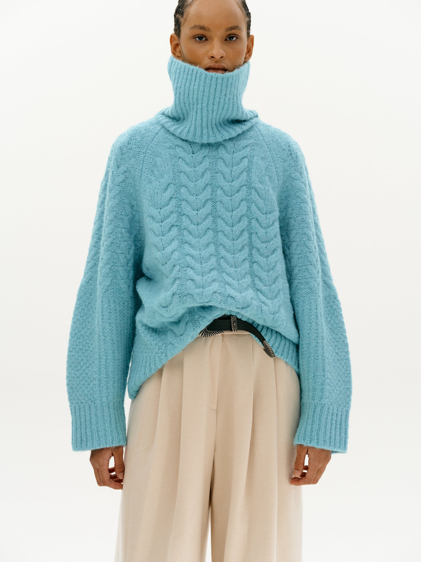 Wide Cable Knit Turtleneck, Aqua