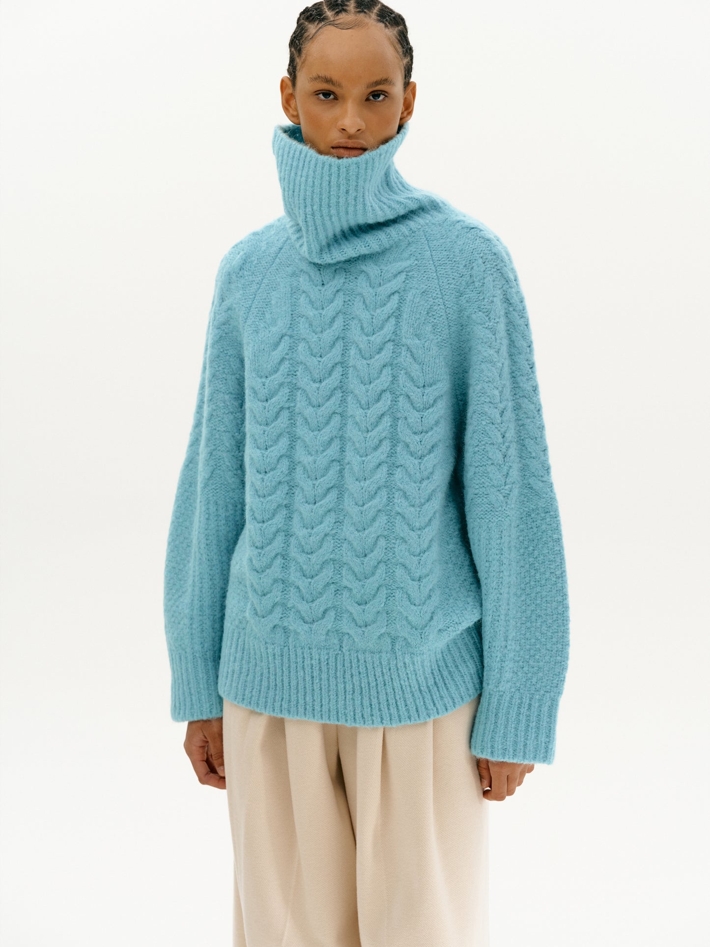 Wide Cable Knit Turtleneck, Aqua