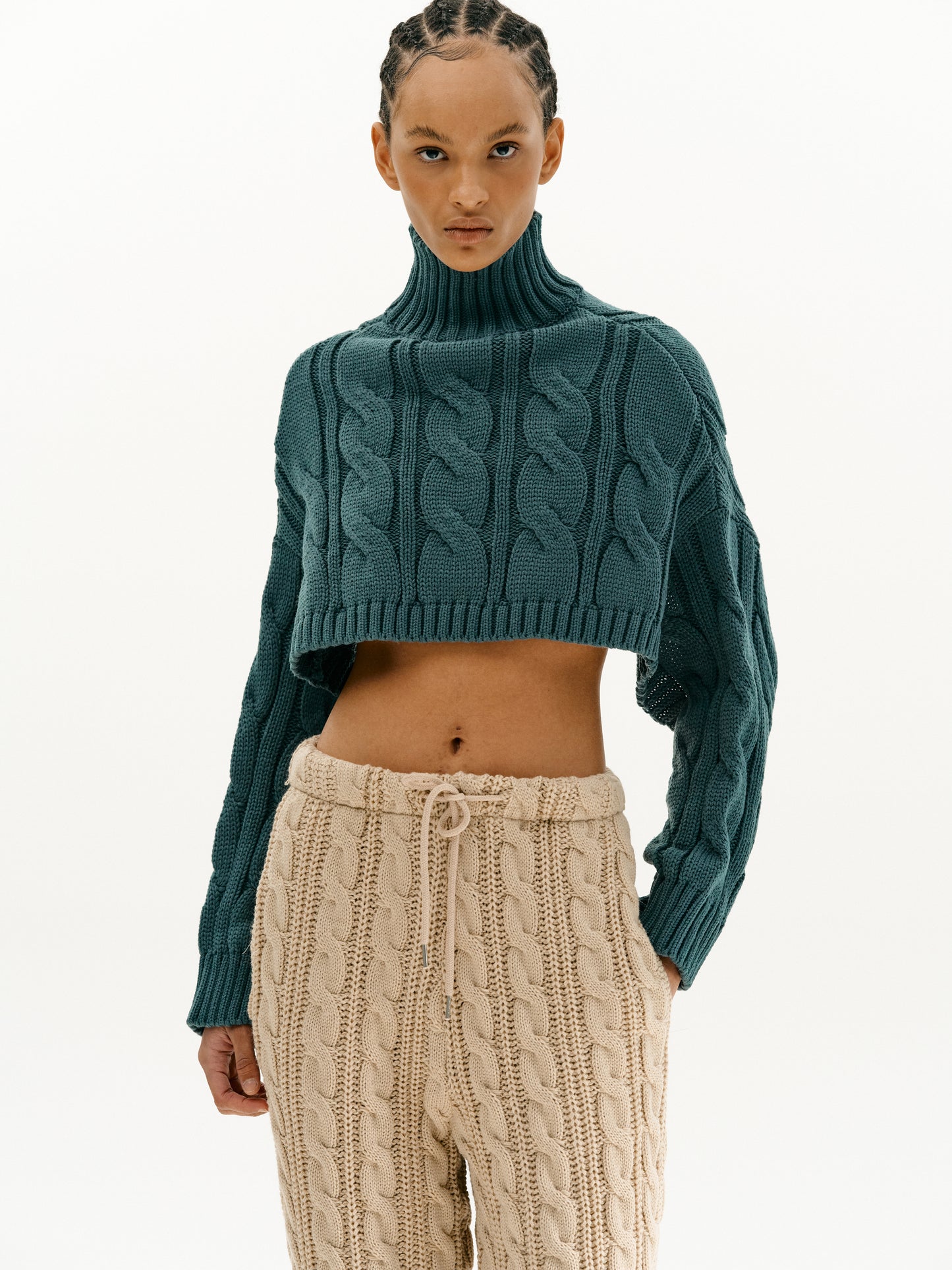 Open Back Cable Turtleneck, Dark Teal