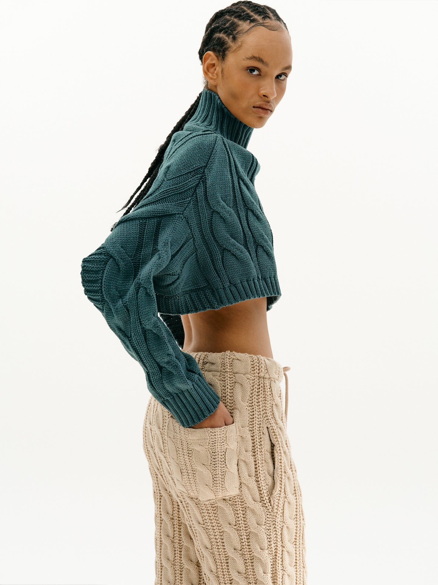 Open Back Cable Turtleneck, Dark Teal