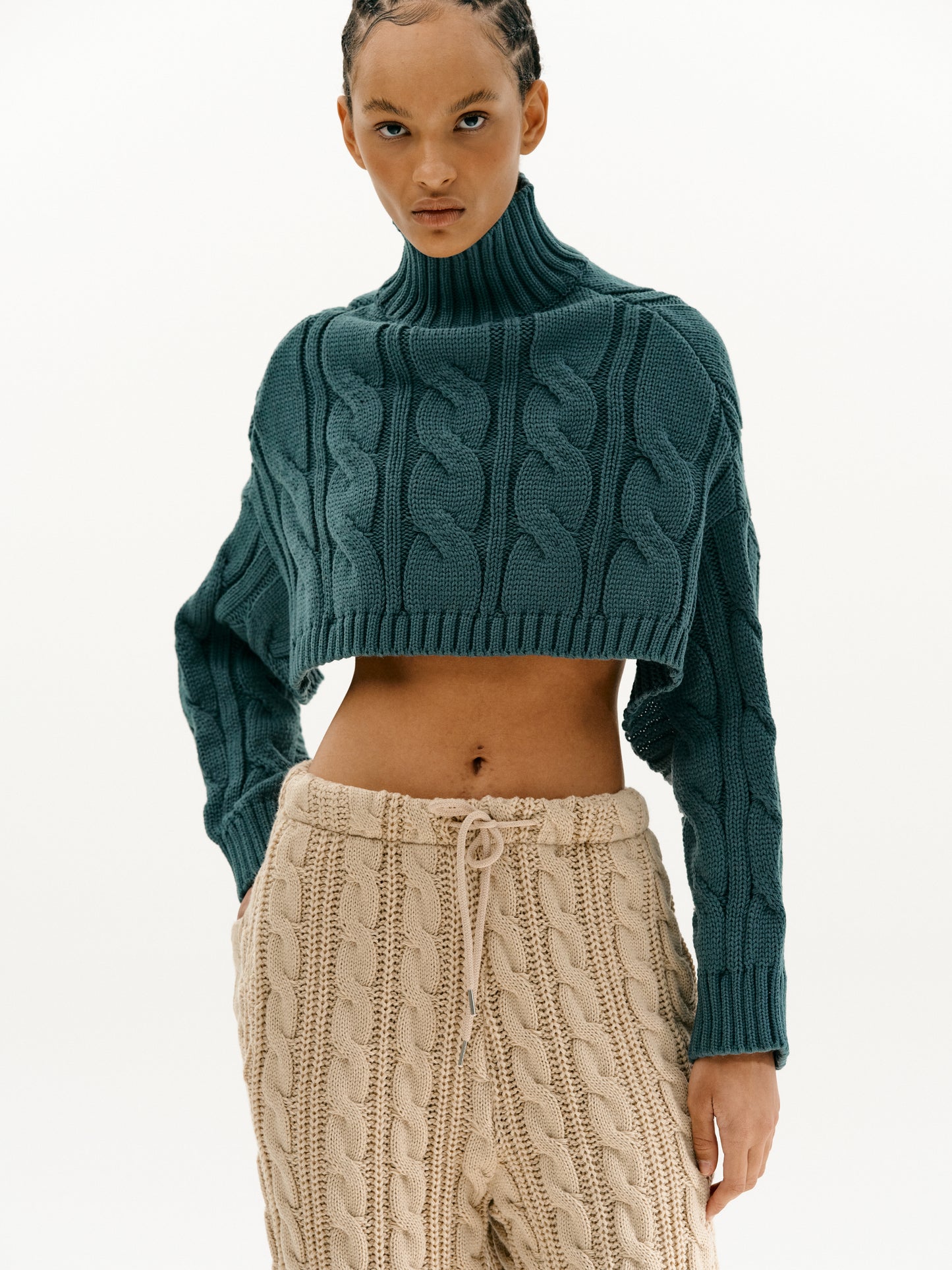 Open Back Cable Turtleneck, Dark Teal