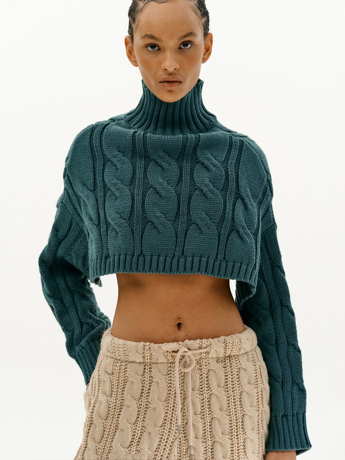 Open Back Cable Turtleneck, Dark Teal