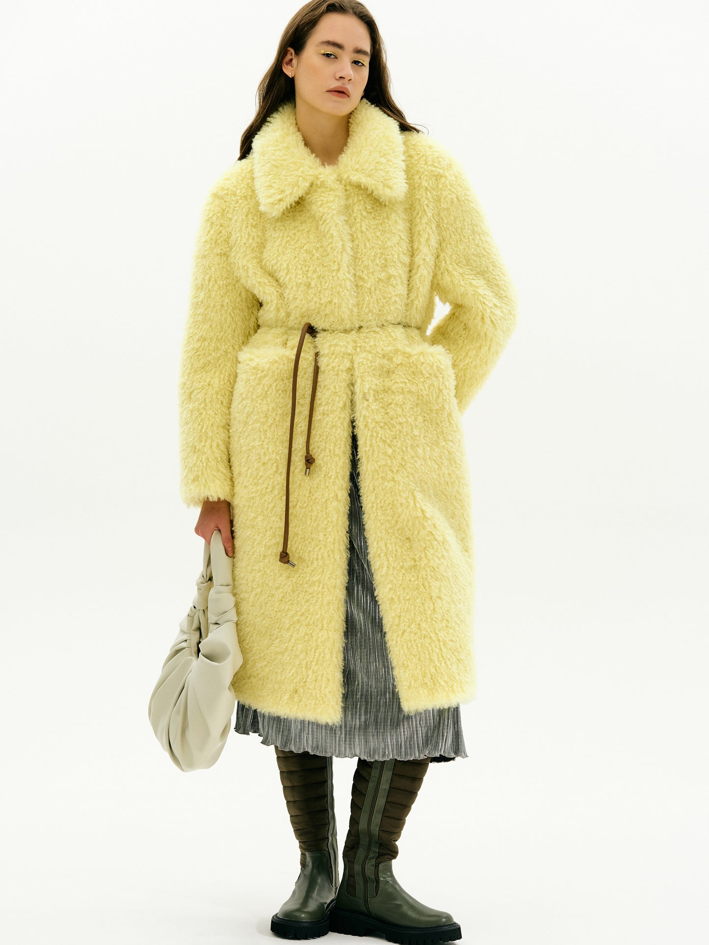 Oversized Wool Fur Coat, Lemon Yellow