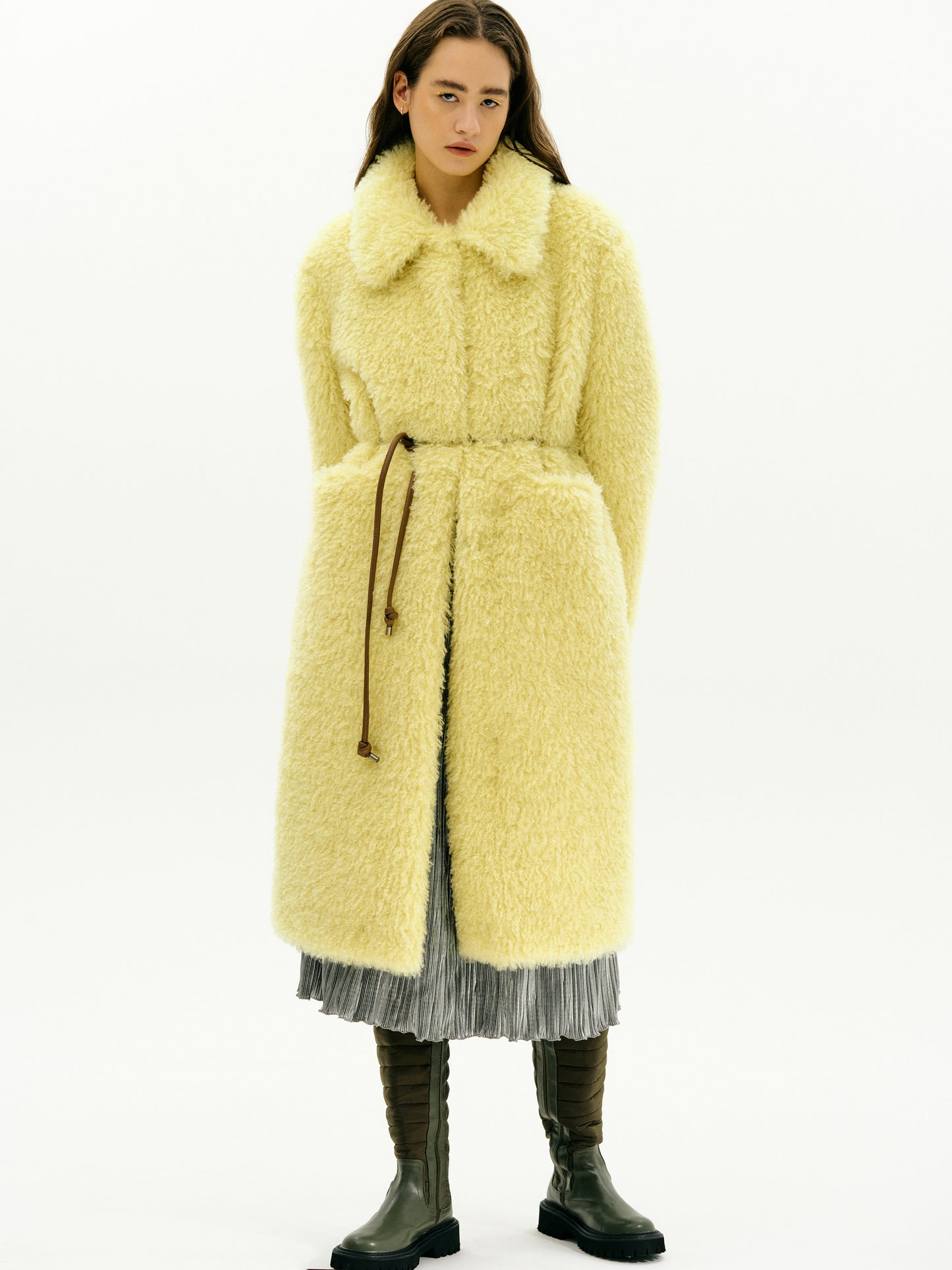 Oversized Wool Fur Coat, Lemon Yellow