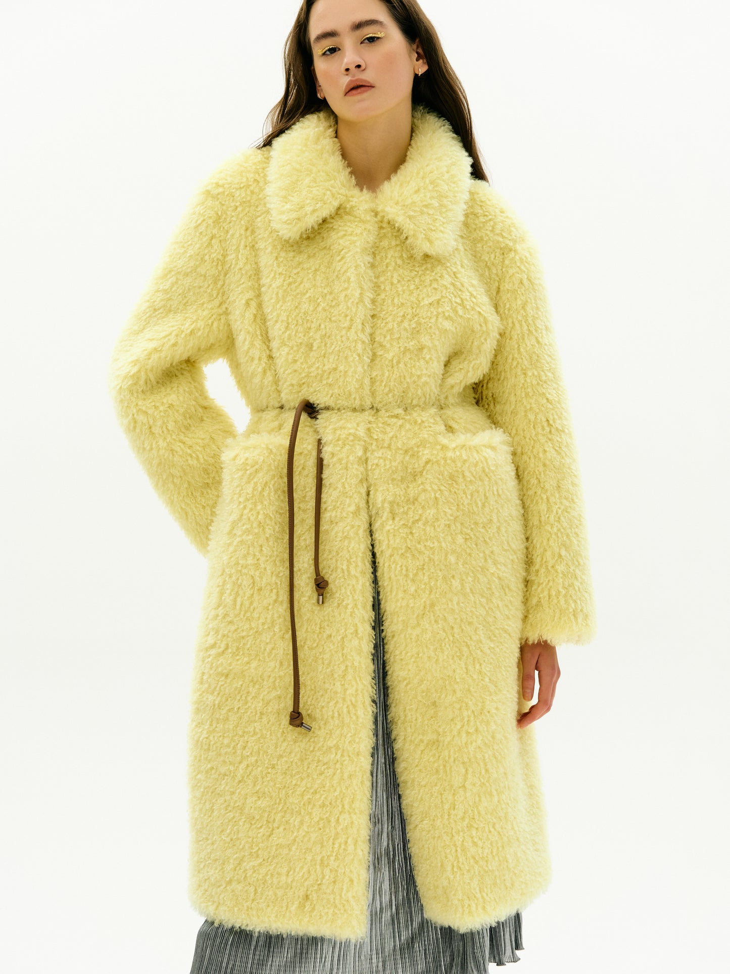 Oversized Wool Fur Coat, Lemon Yellow