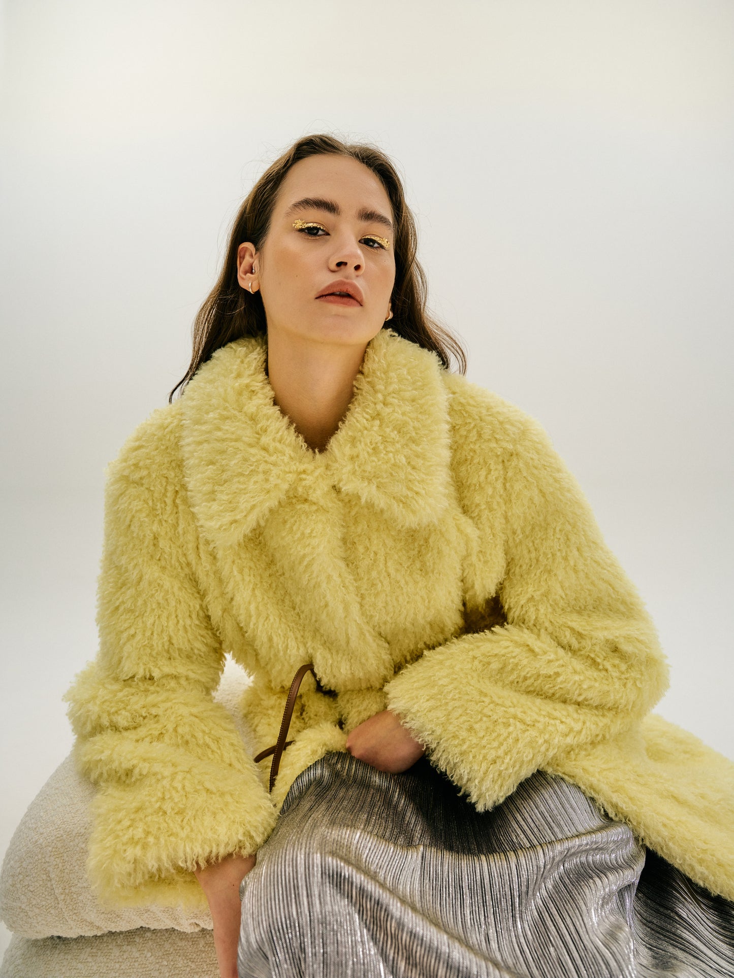 Oversized Wool Fur Coat, Lemon Yellow