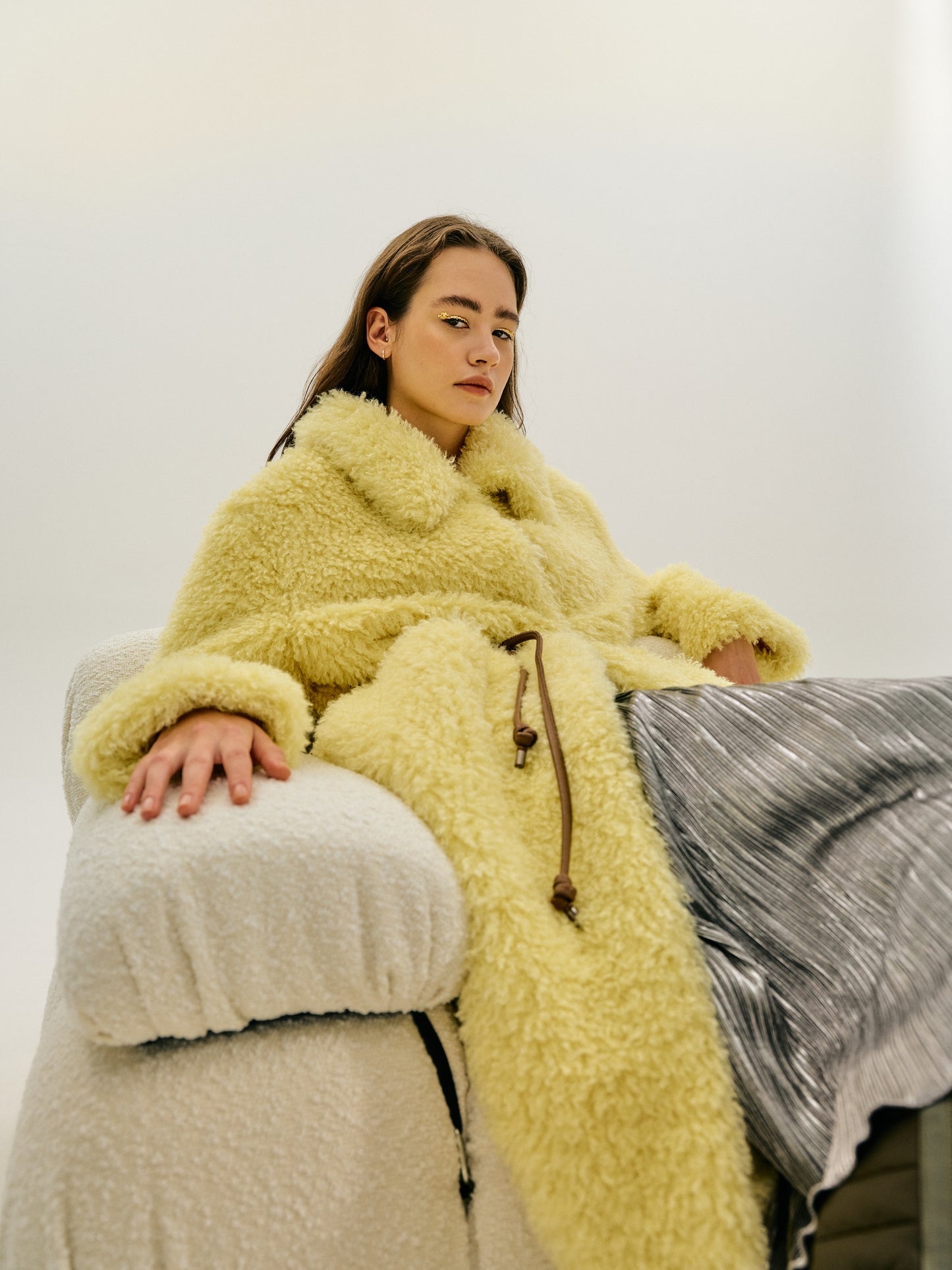 Oversized Wool Fur Coat, Lemon Yellow