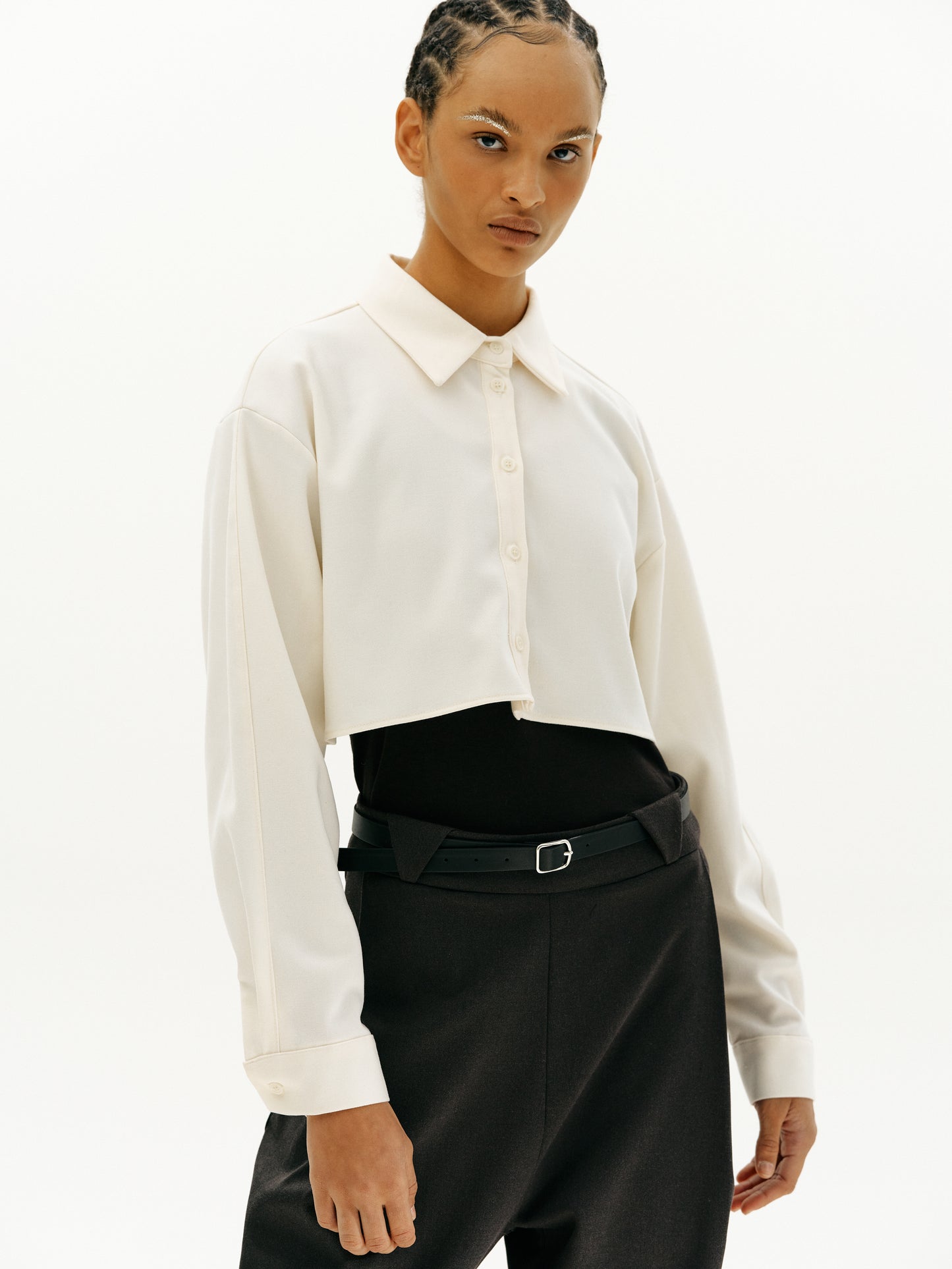 Cropped Shirt Twin Set, Cream Ivory