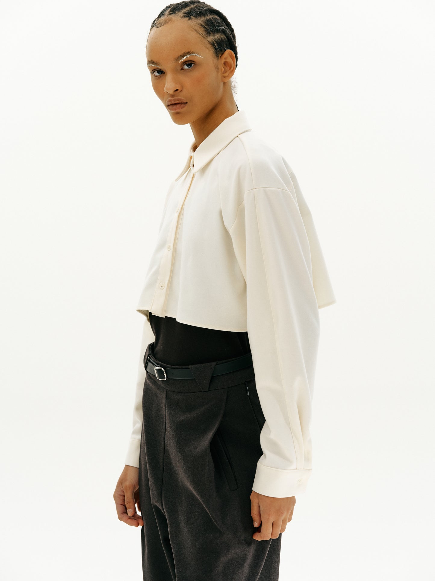 Cropped Shirt Twin Set, Cream Ivory