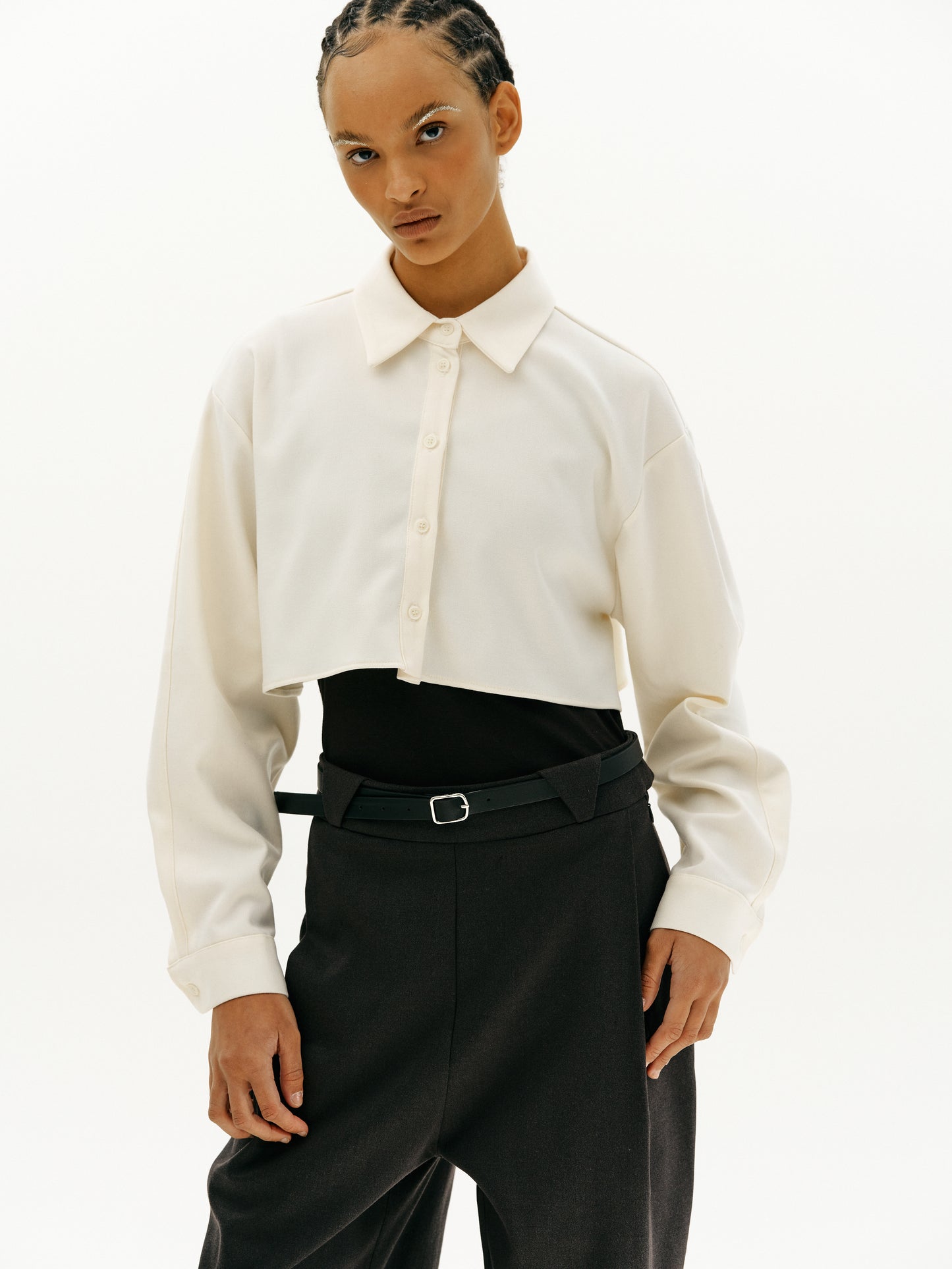 Cropped Shirt Twin Set, Cream Ivory