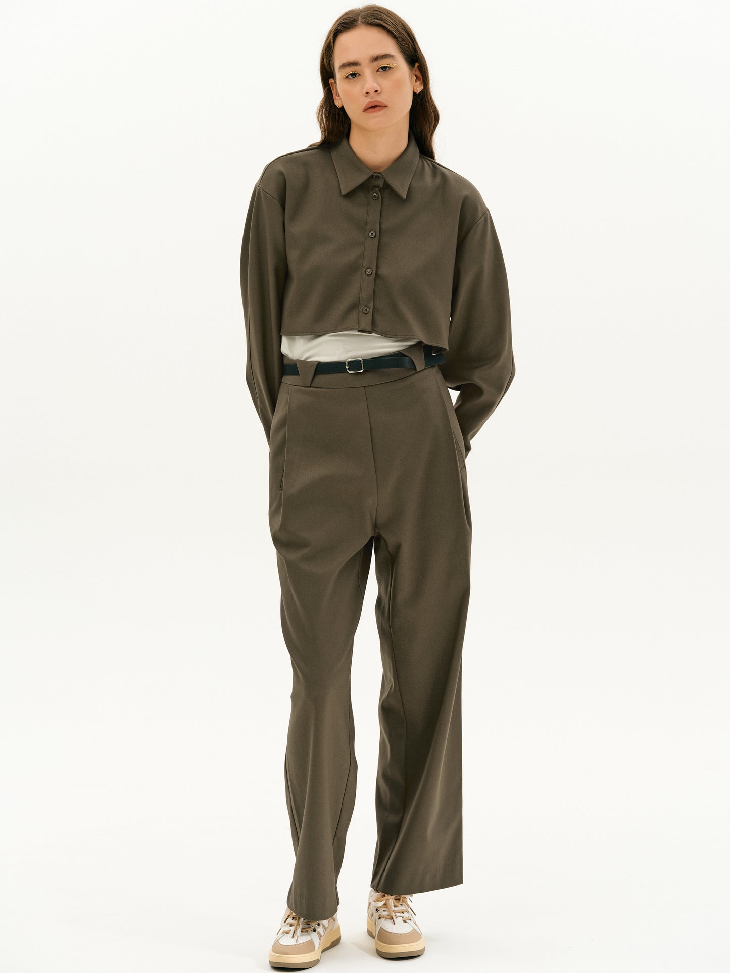 Cropped Shirt Twin Set, Peanut