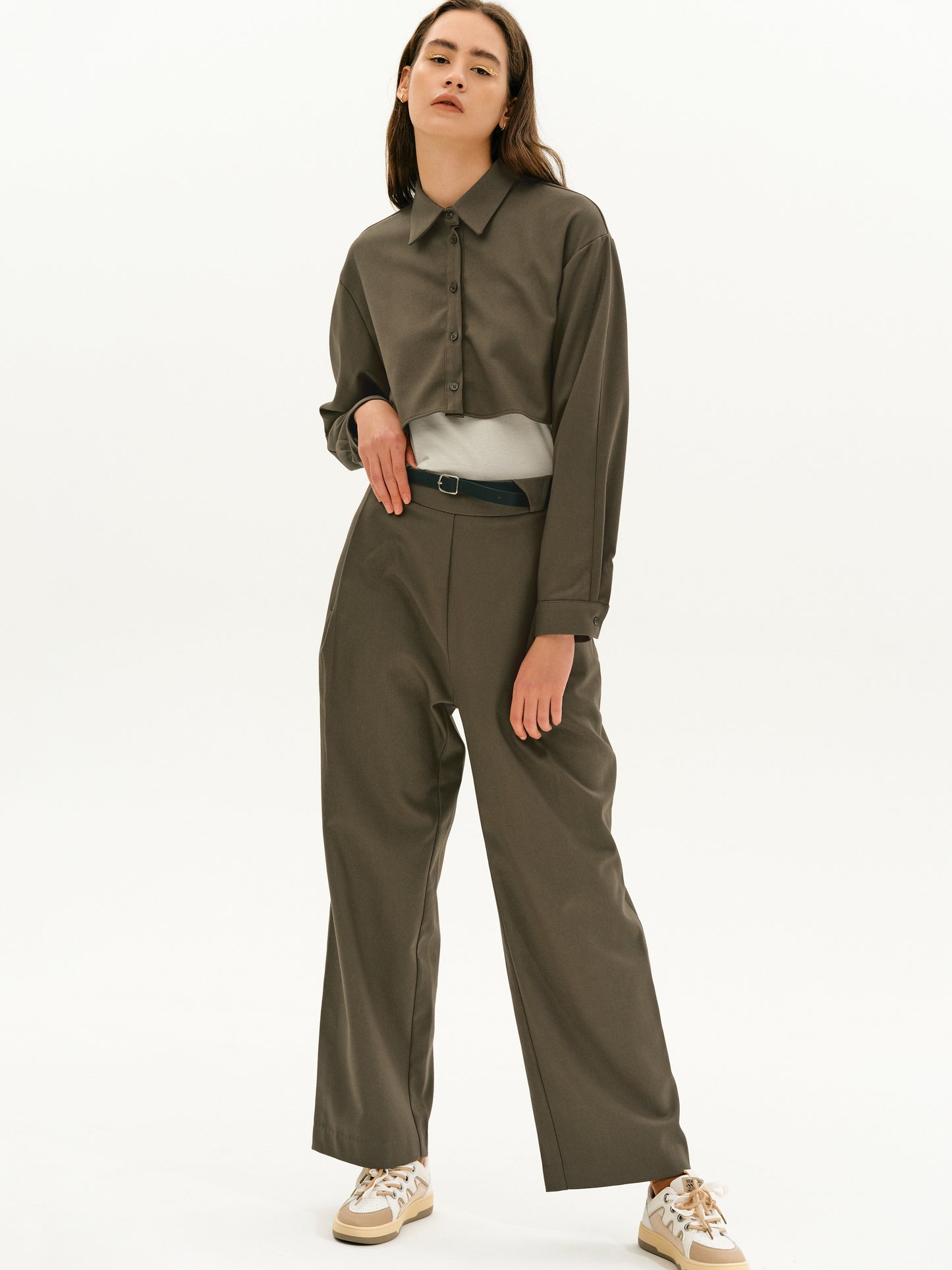 Cropped Shirt Twin Set, Peanut