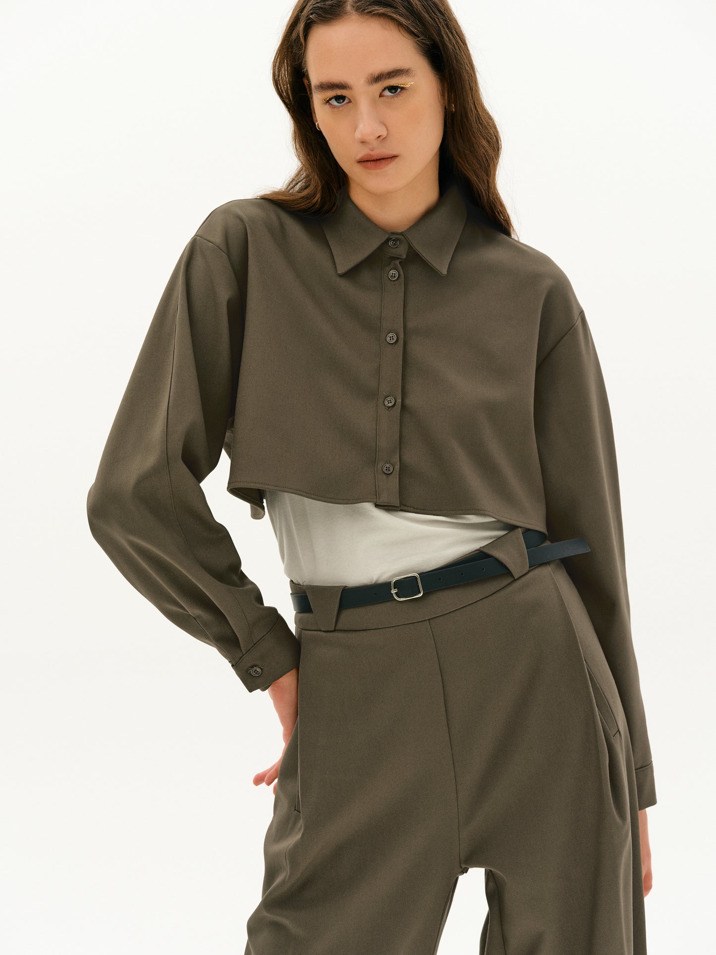 Cropped Shirt Twin Set, Peanut